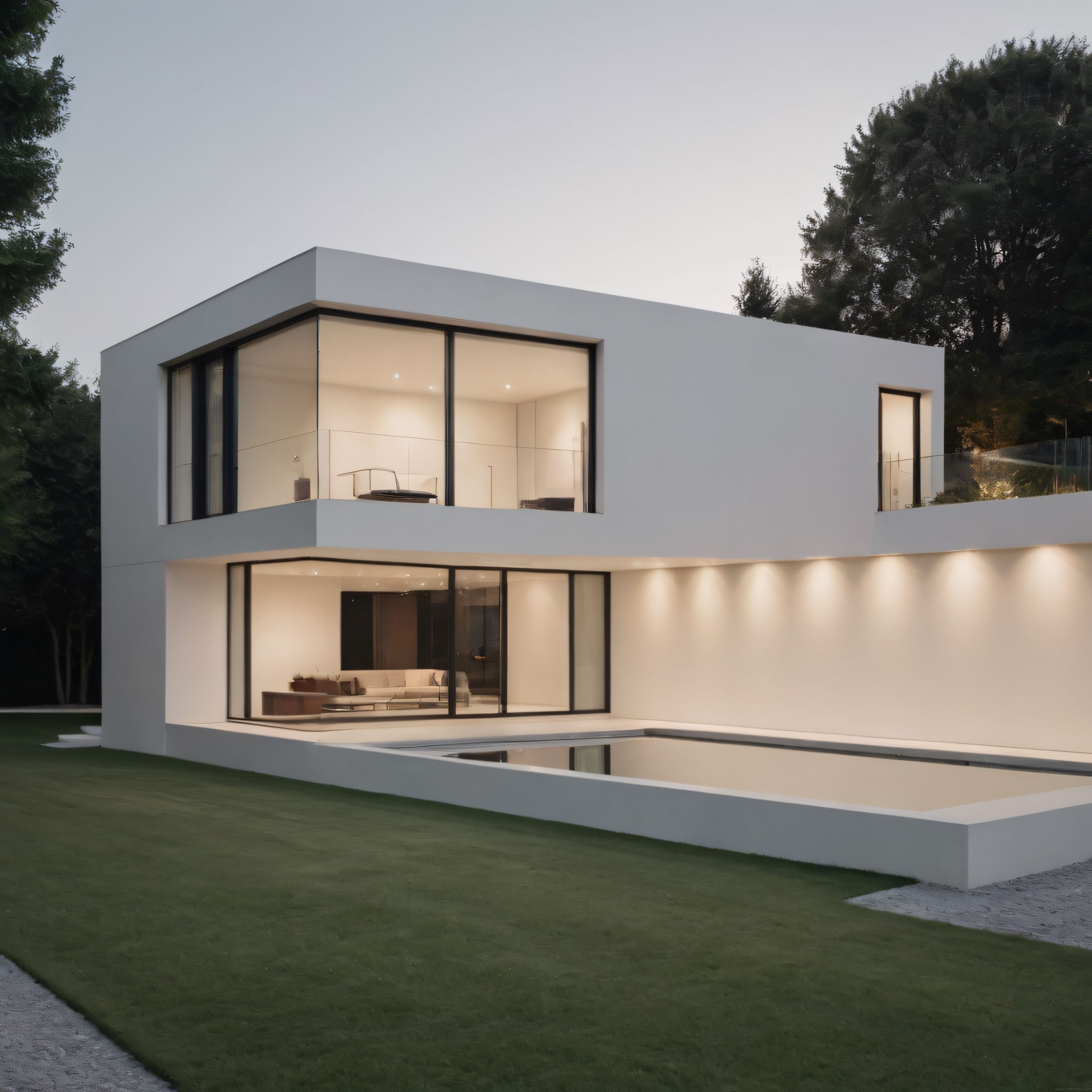 Orman İçinde Gün Batımı Aydınlatmalı Modern Minimalist Villa ve Havuz