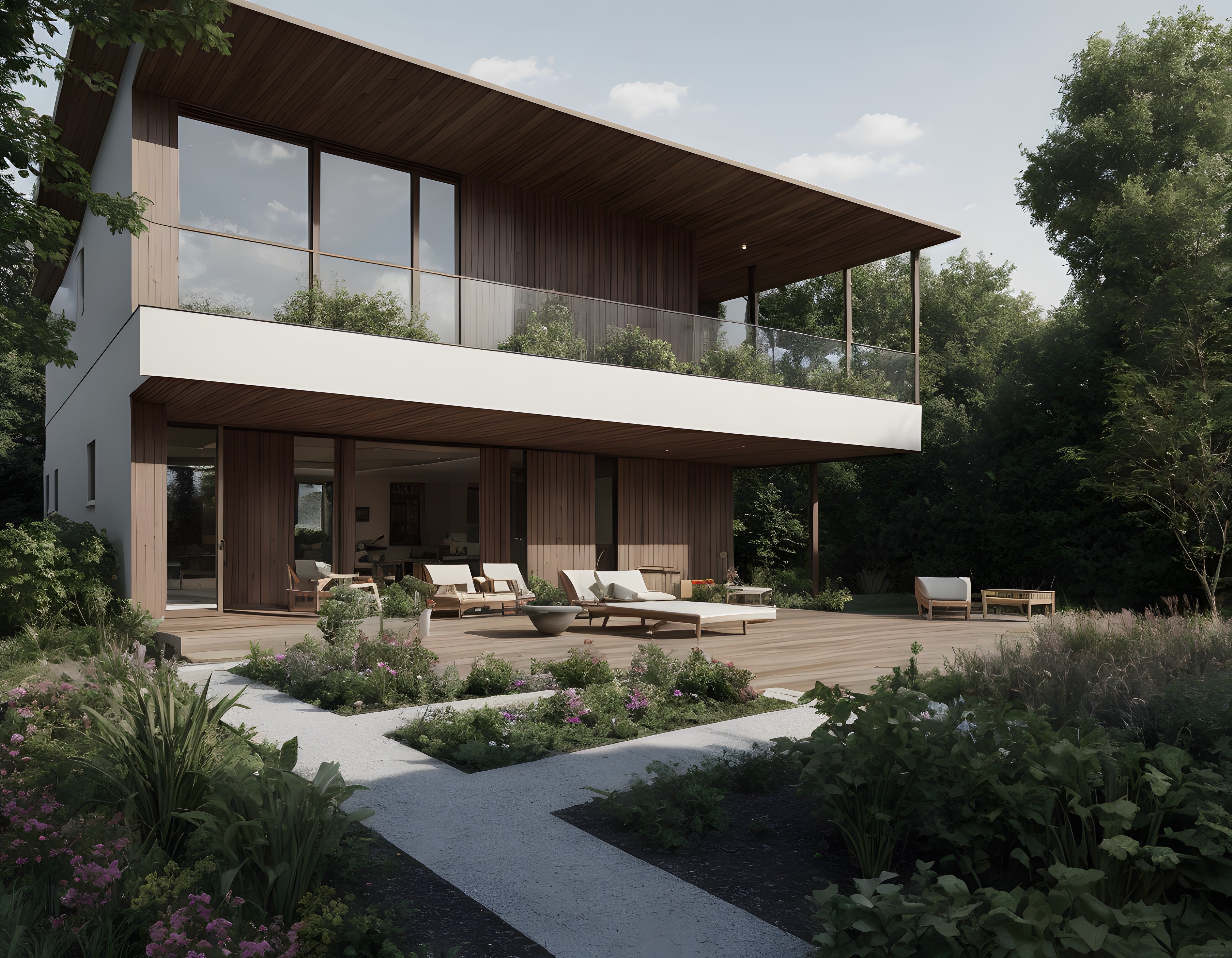 Orman İçinde Modern Ahşap ve Beton Detaylı Çift Katlı Villa Tasarımı