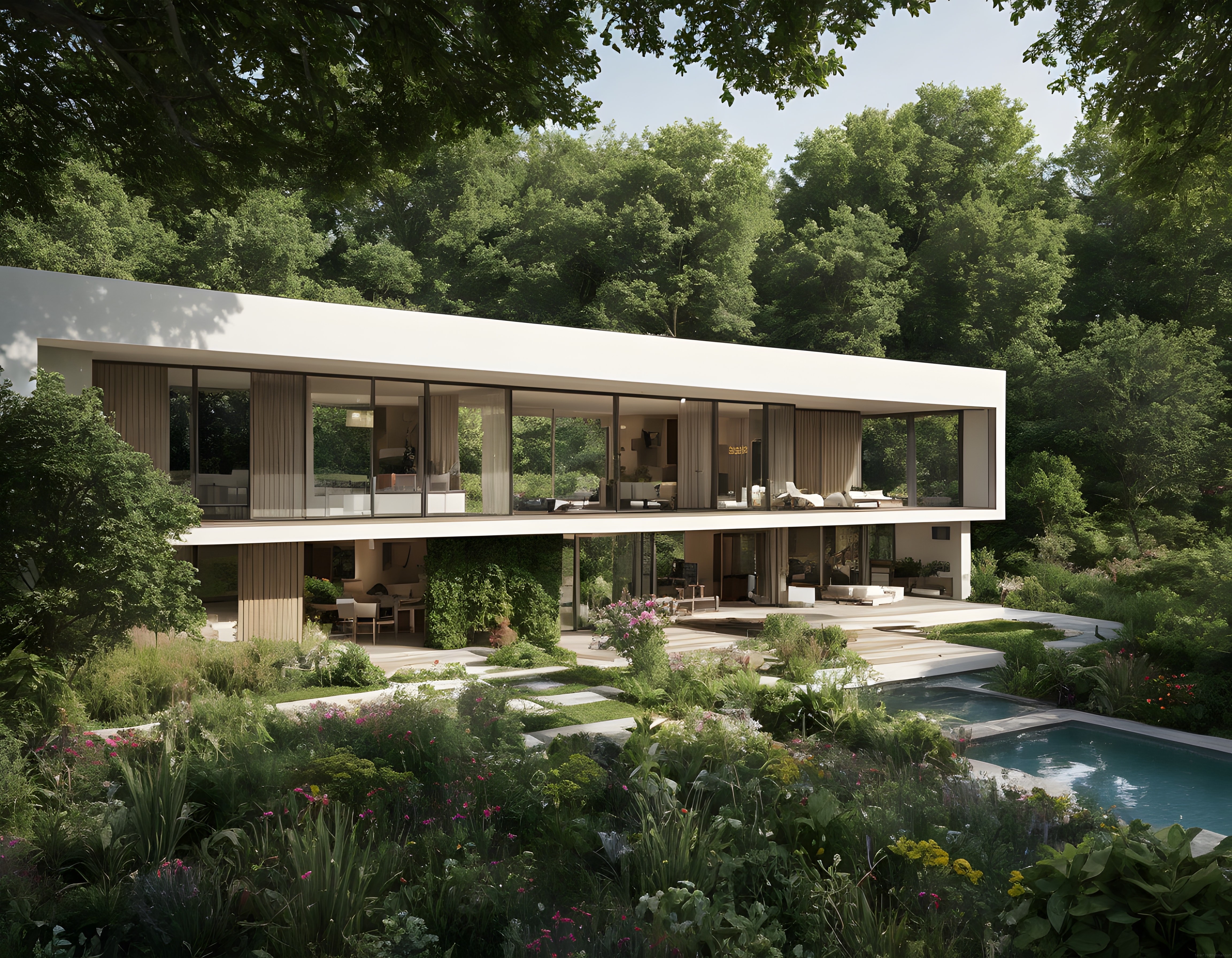Orman içinde modern mimariyle inşa edilmiş lüks havuzlu cam villa ve yeşil bahçe