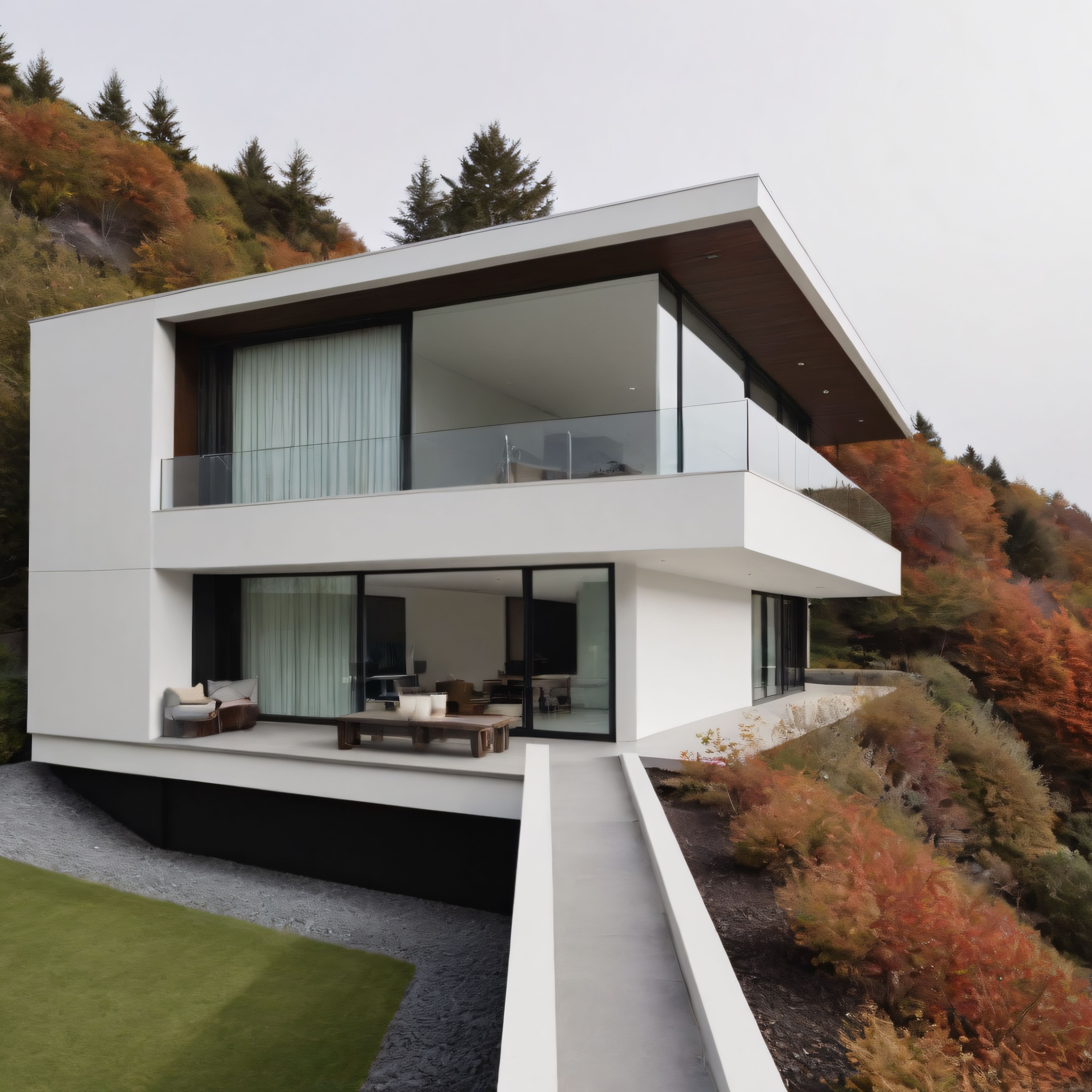 Orman İçinde Modern Minimalist Beyaz Villa ve Sonbahar Manzarası