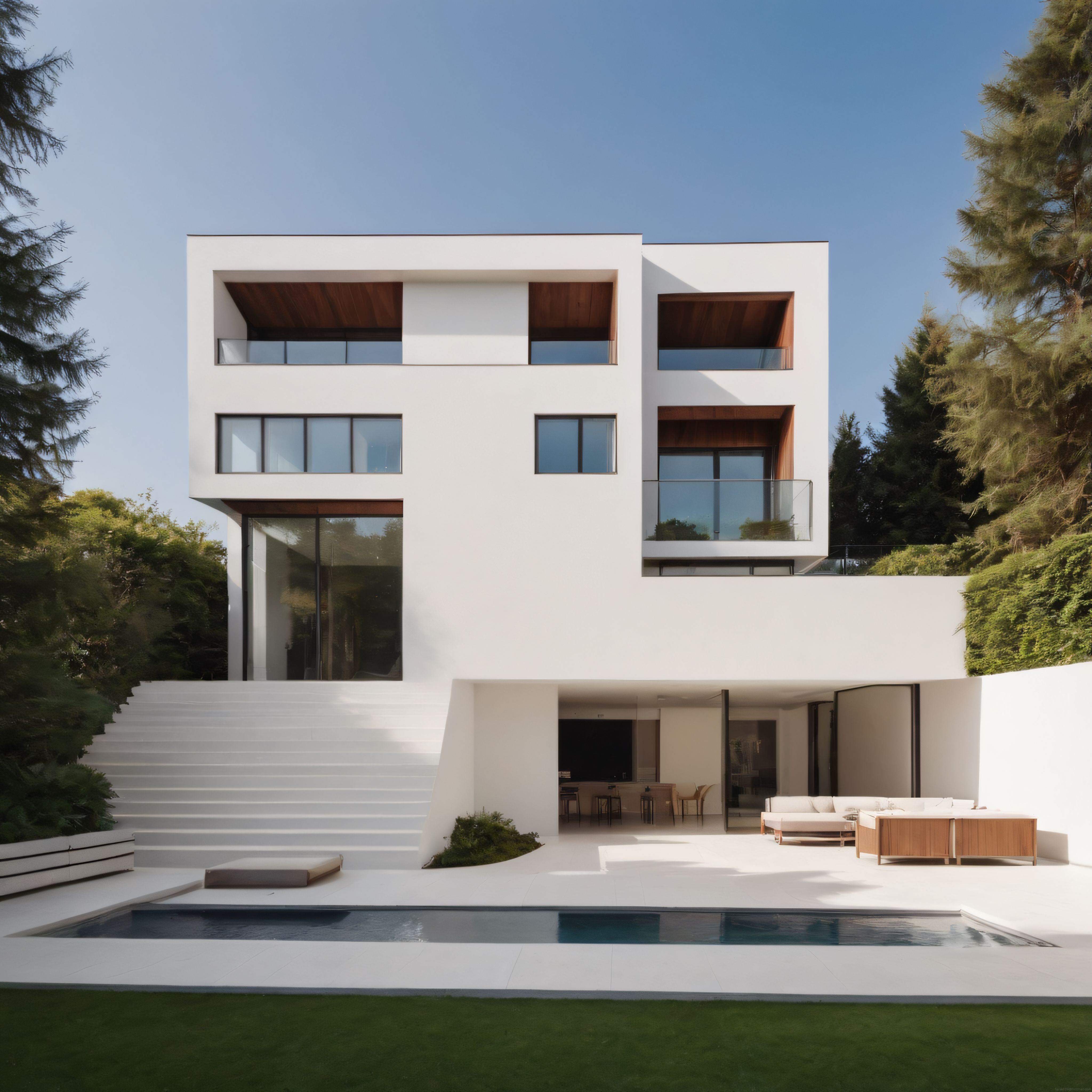 Orman Kenarında Beyaz Kübik Cepheli Cam ve Ahşap Detaylı Lüks Villa