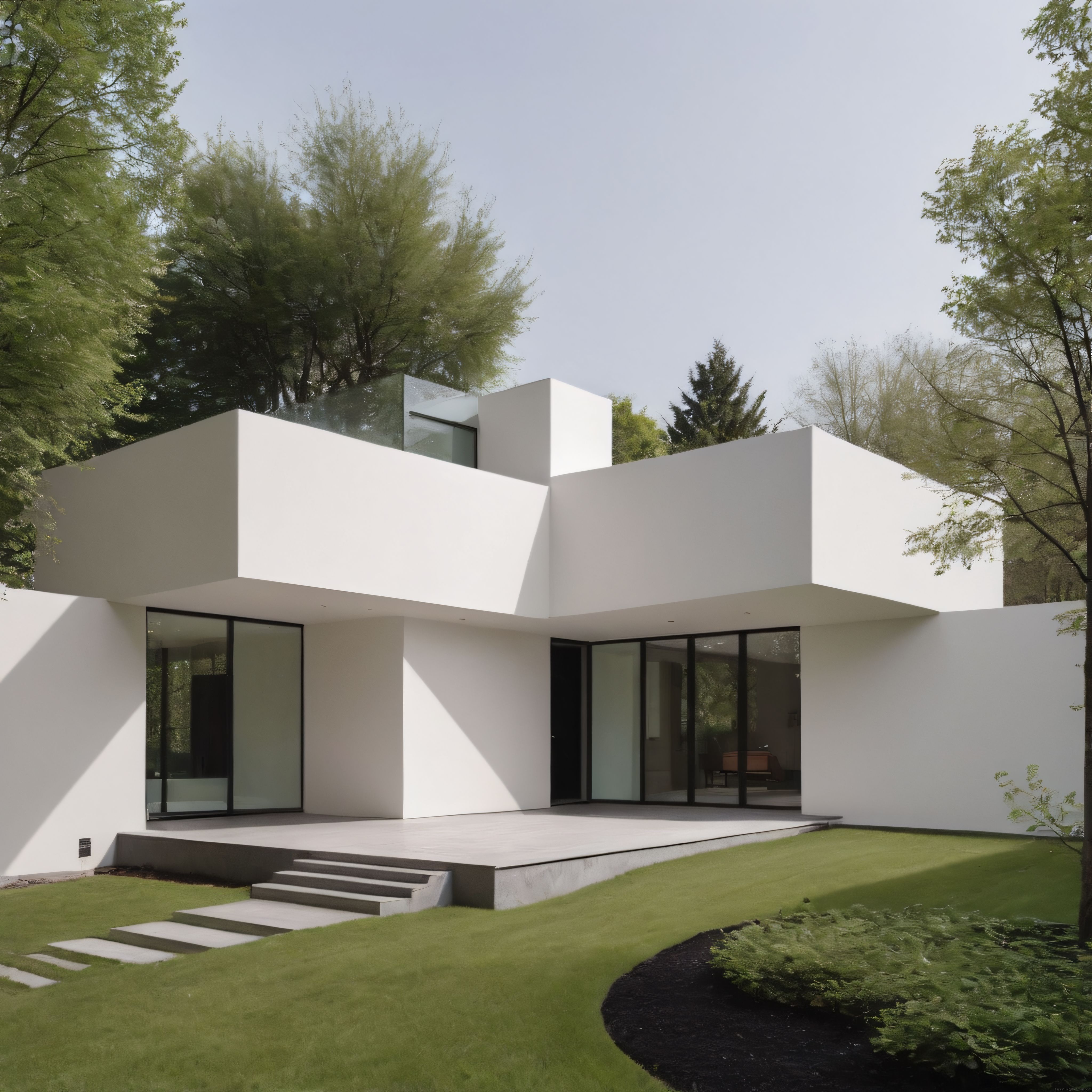 Orman Kenarında Beyaz Kübik Formlara Sahip Çağdaş Minimalist Mimari Villa