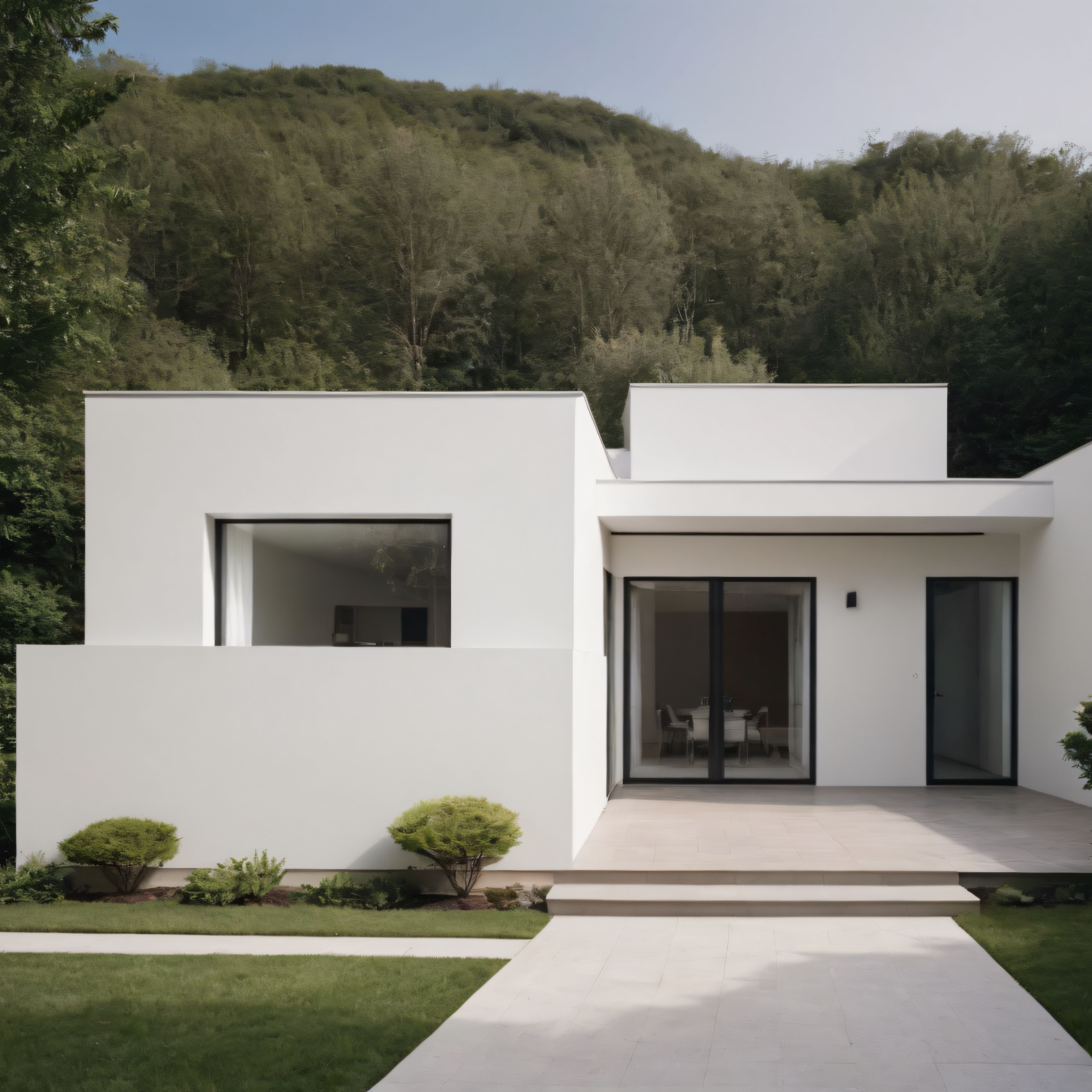 Orman manzaralı beyaz çağdaş villa ve minimalist peyzaj tasarımı örneği