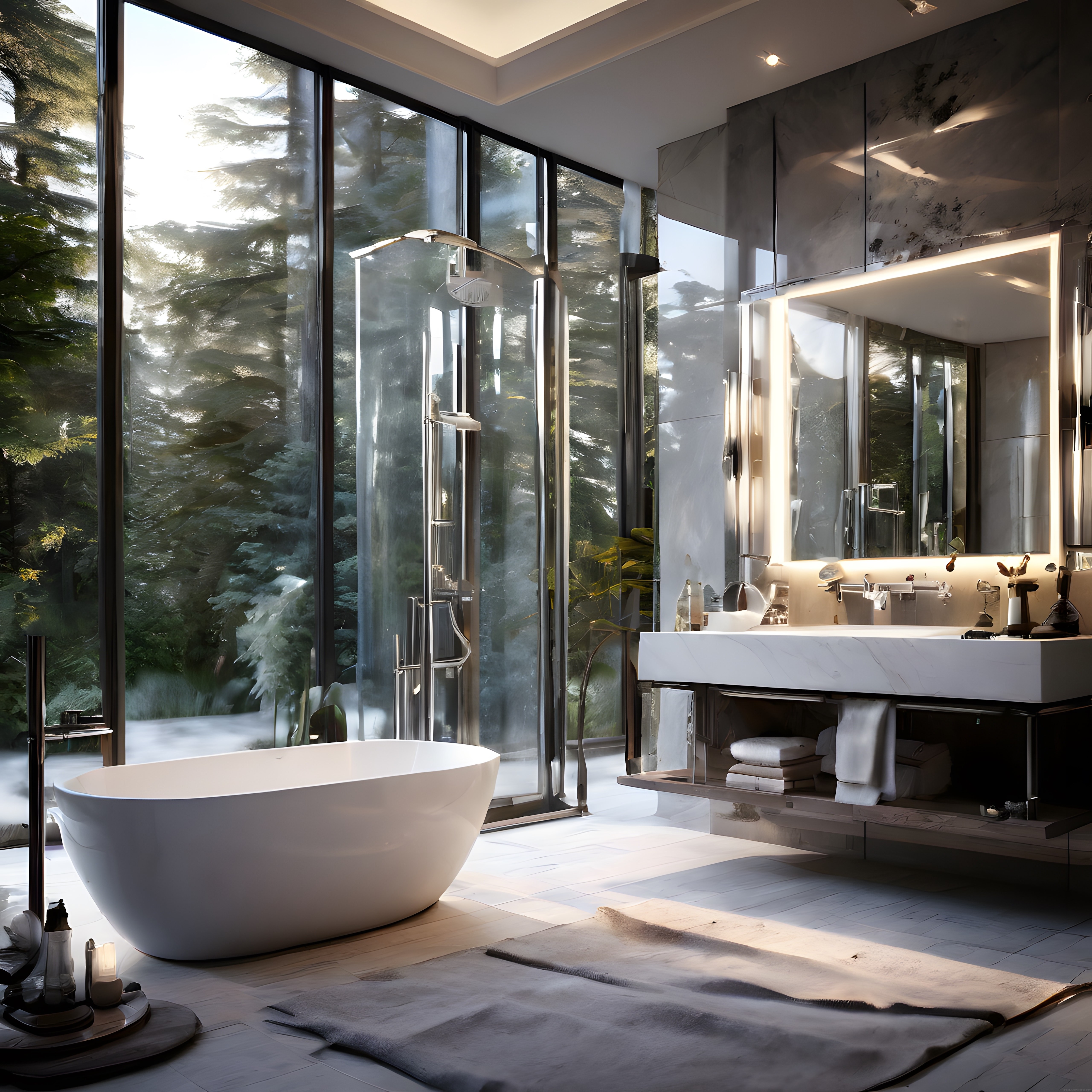 Orman Manzaralı Geniş Camlı Lüks Modern Banyo Dekorasyonu ve Tasarımı