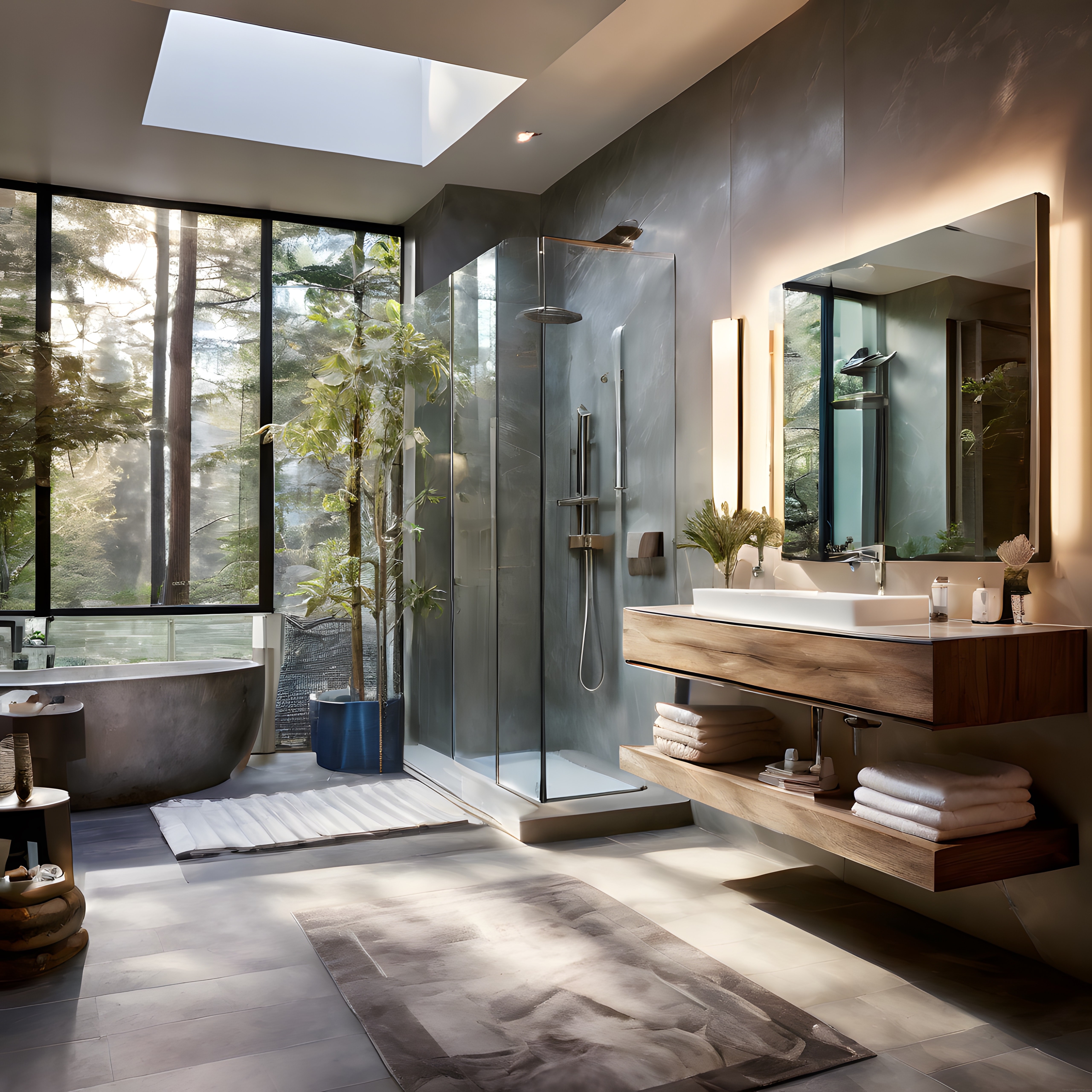 Orman manzaralı geniş pencereli lüks spa tarzı modern banyo dekorasyonu