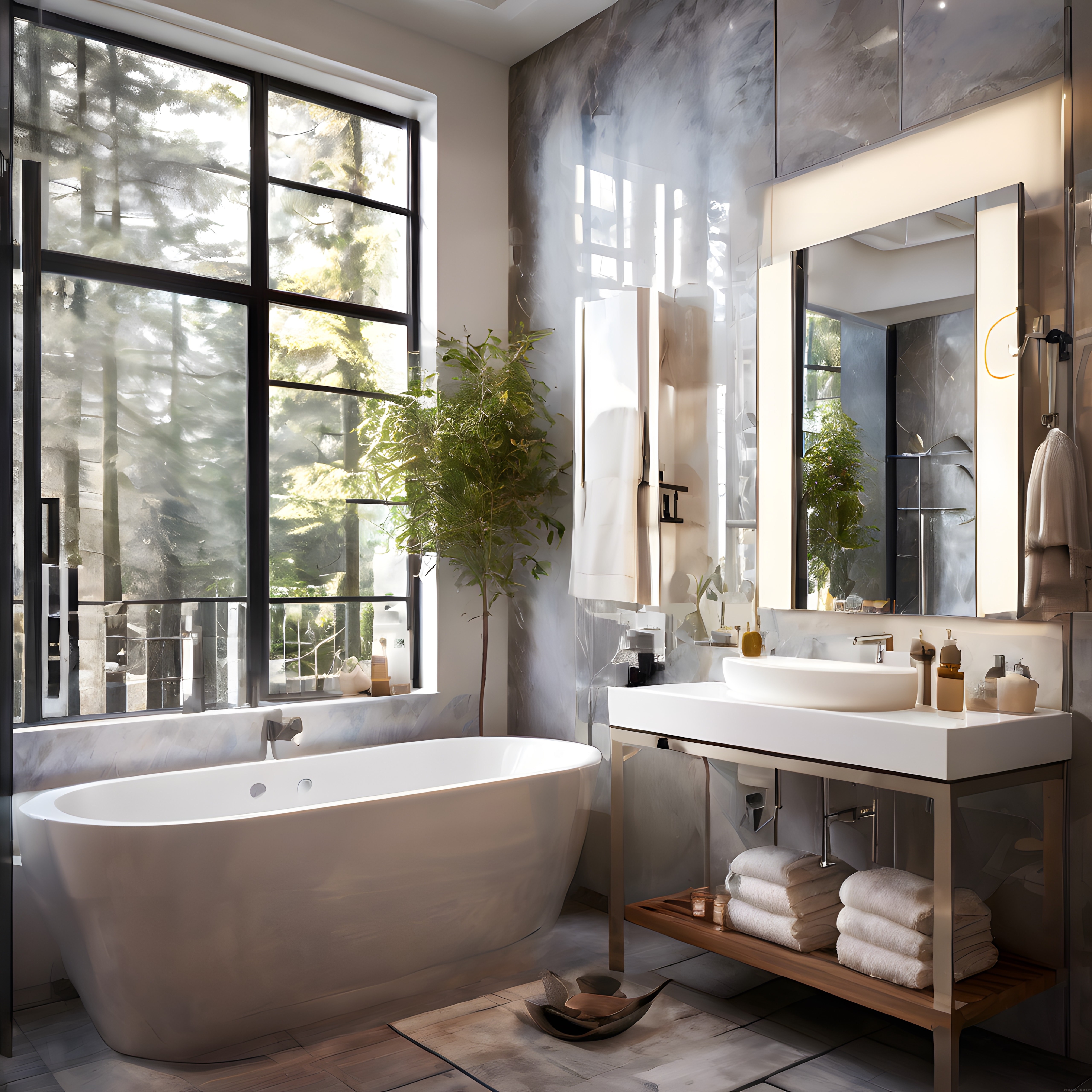 Orman Manzaralı Lüks Modern Banyo Tasarımı, Mermer Detaylar ve Sıcak Atmosfer