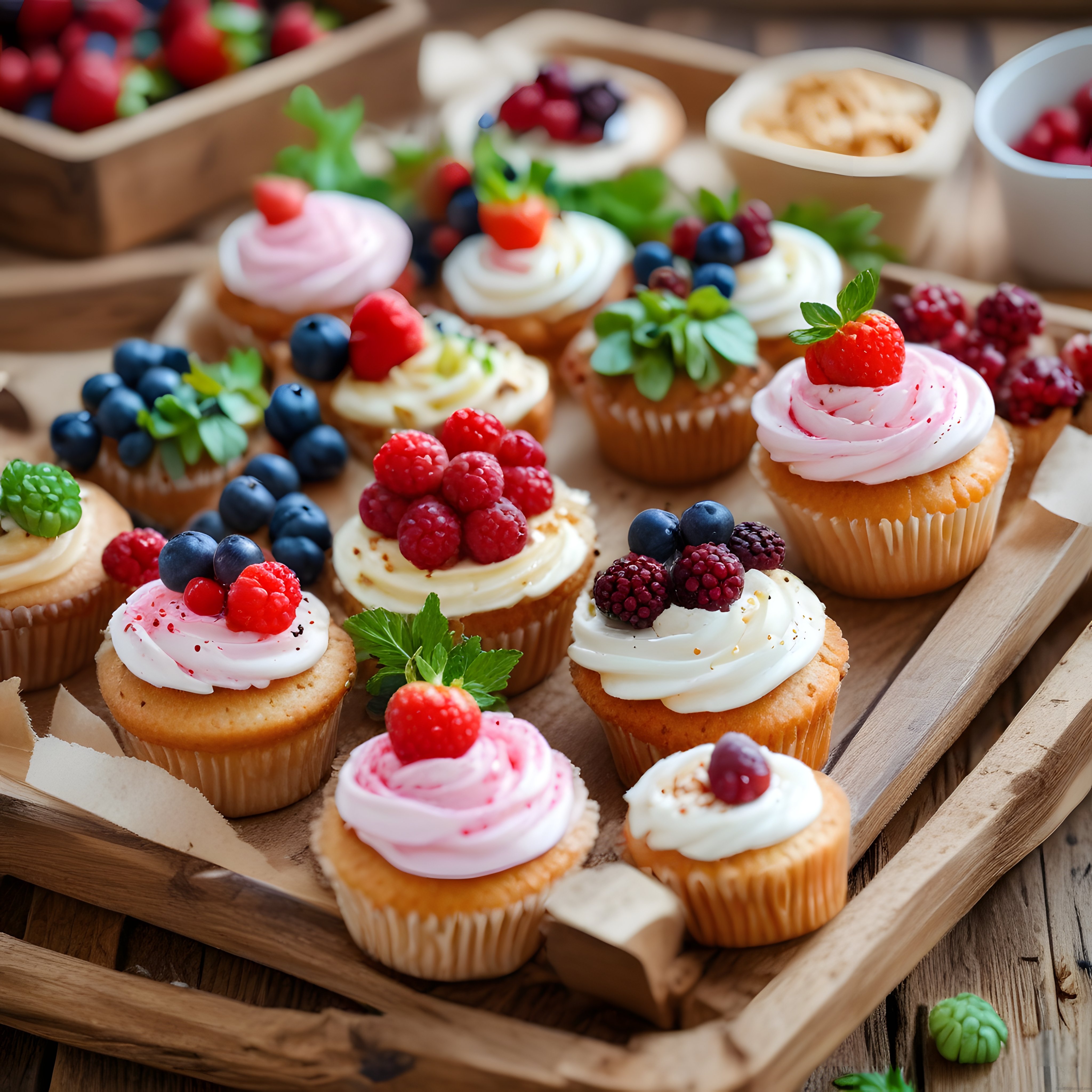 Orman Meyveleriyle Süslenmiş Ev Yapımı Cupcake'ler Ahşap Tepside
