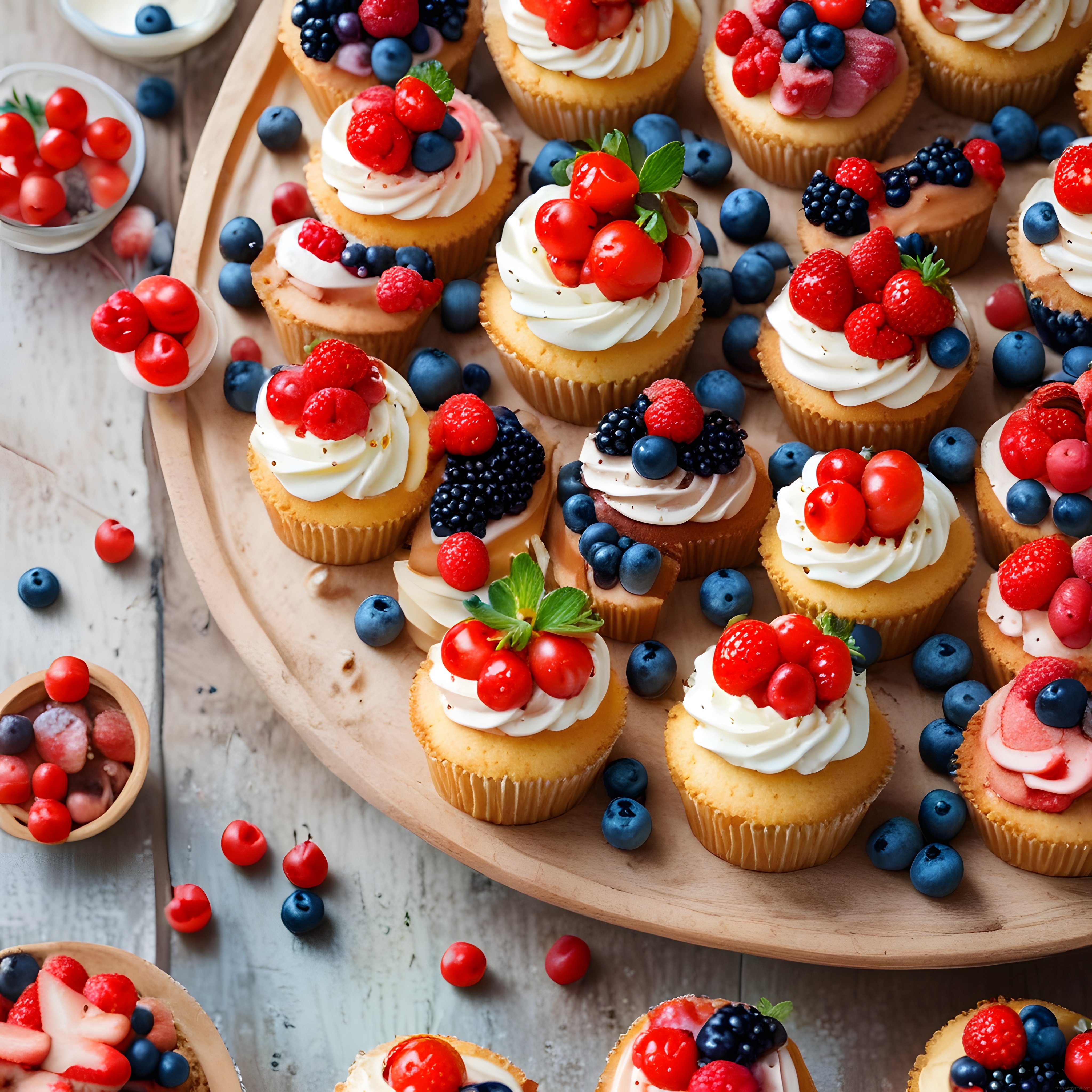 Orman Meyveleriyle Süslenmiş Ev Yapımı Cupcake'ler ve Ahşap Sunum