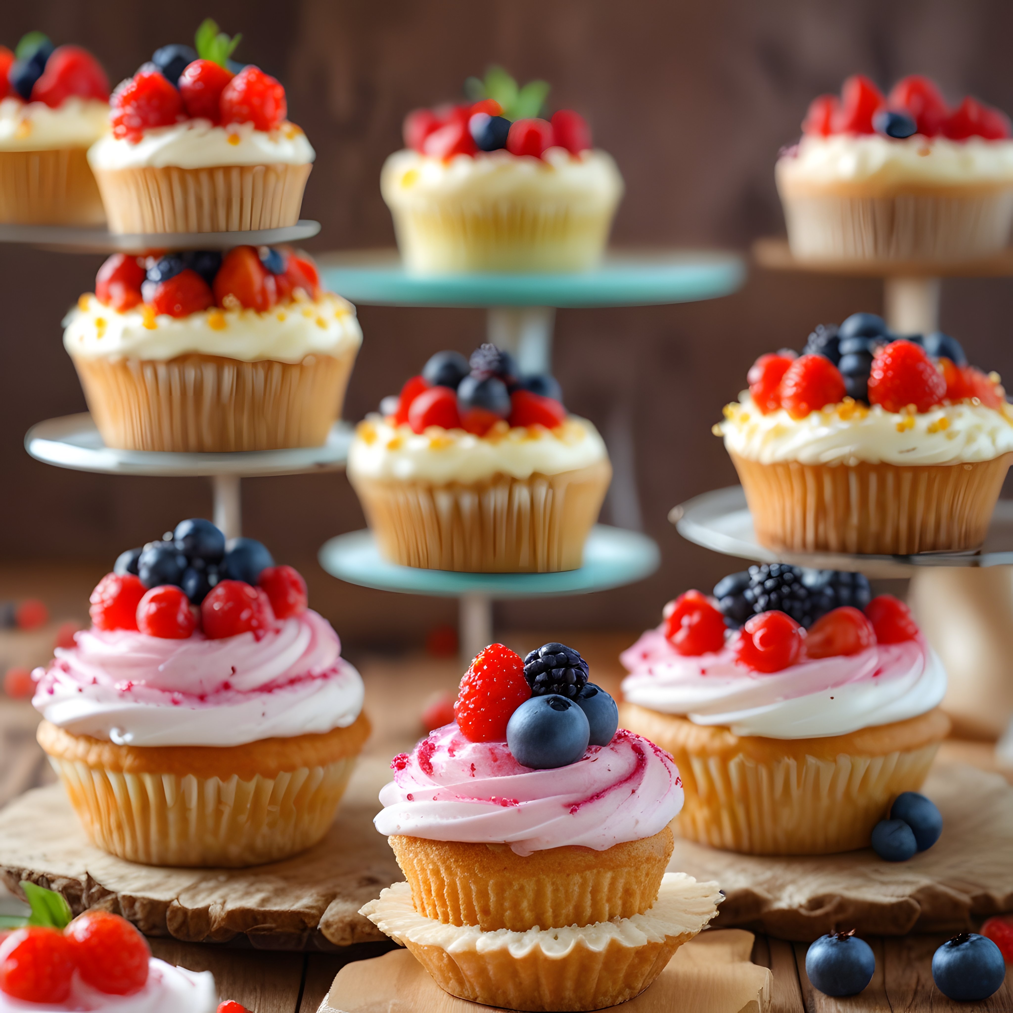 Orman Meyveleriyle Süslenmiş Taze Cupcake Çeşitleri ve Renkli Tatlı Sunum