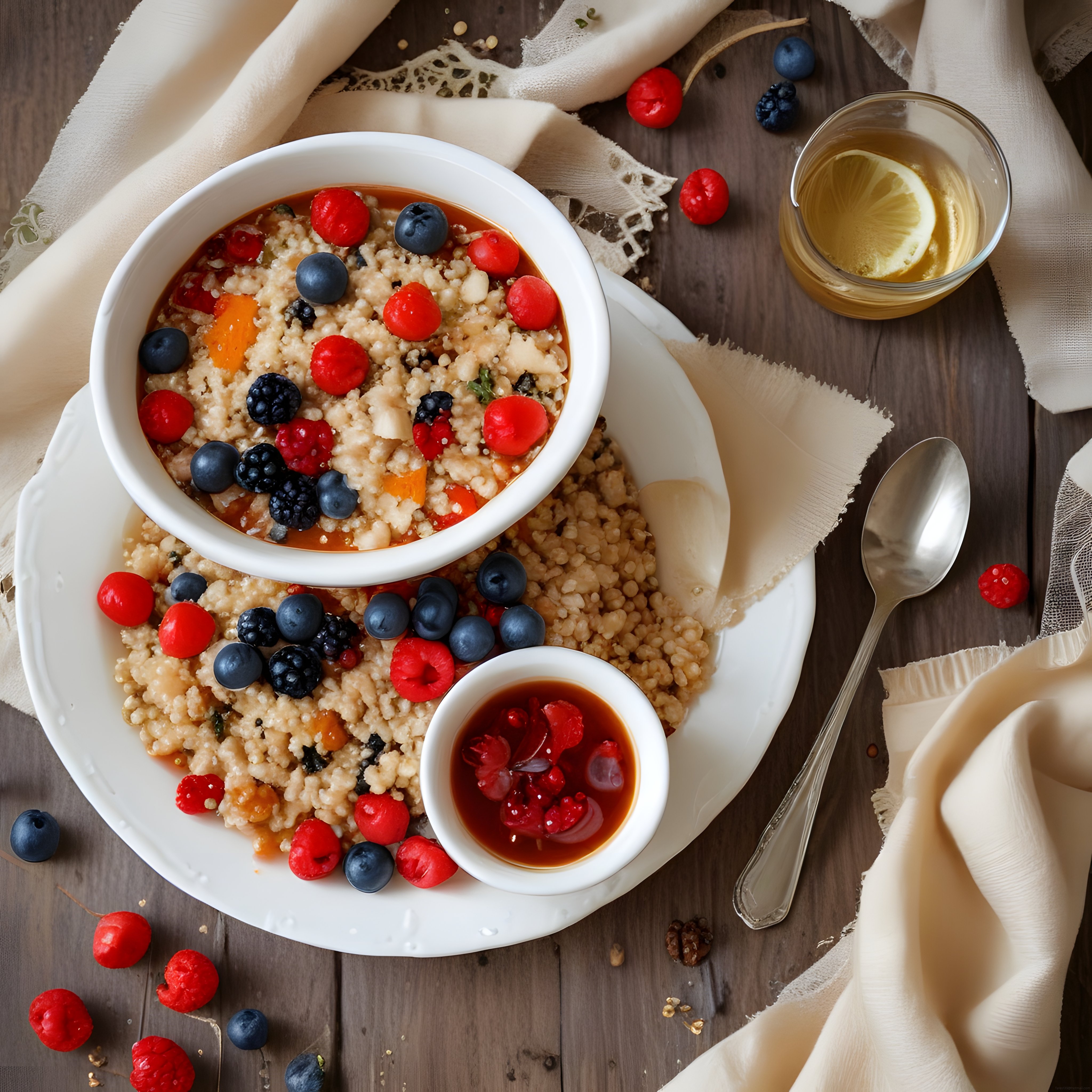 Orman meyveli bulgur kasesi ve limonlu çay ile rustik kahvaltı sunumu