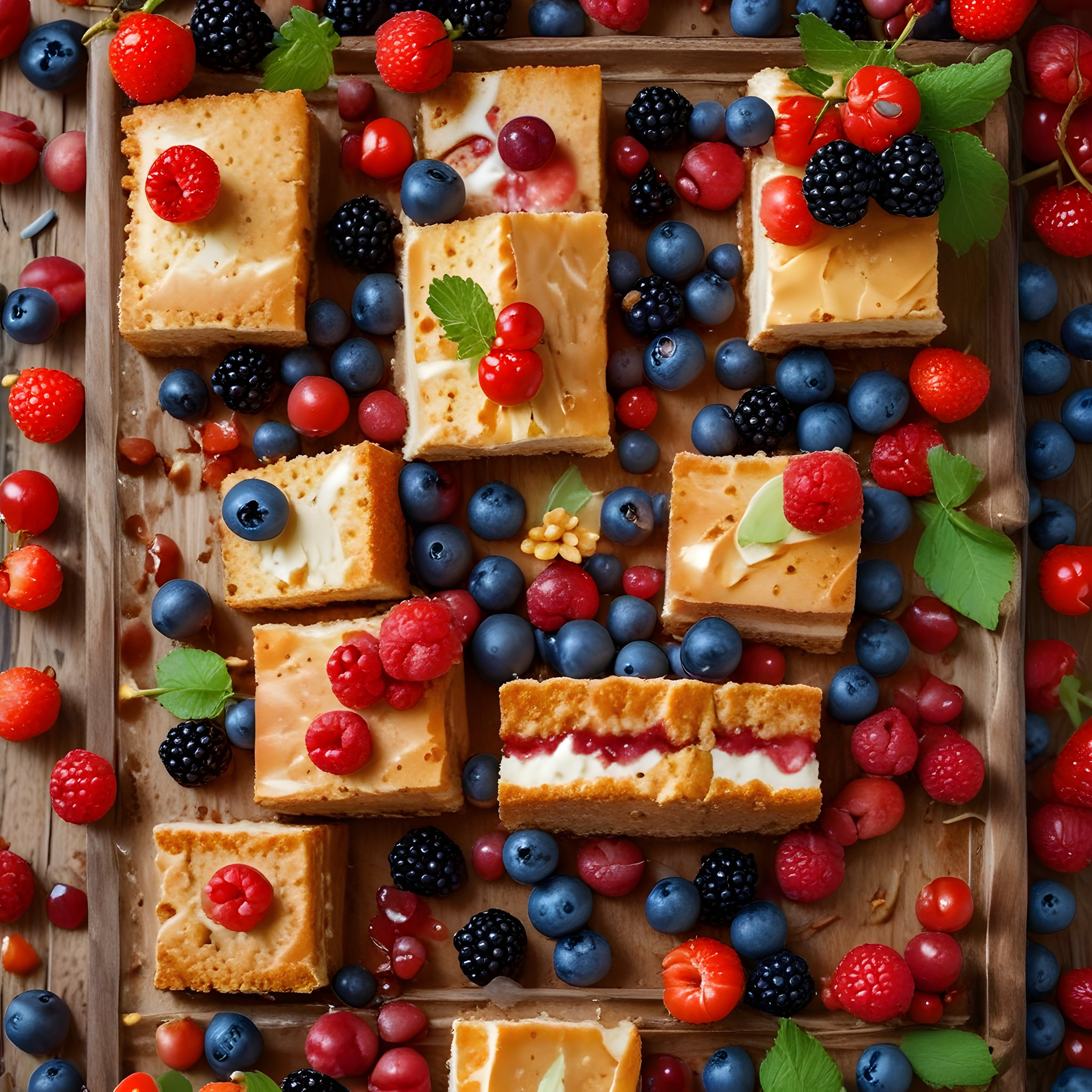 Orman Meyveli Cheesecake Kareleriyle Dolu Taze ve Renkli Bir Tatlı Sunumu