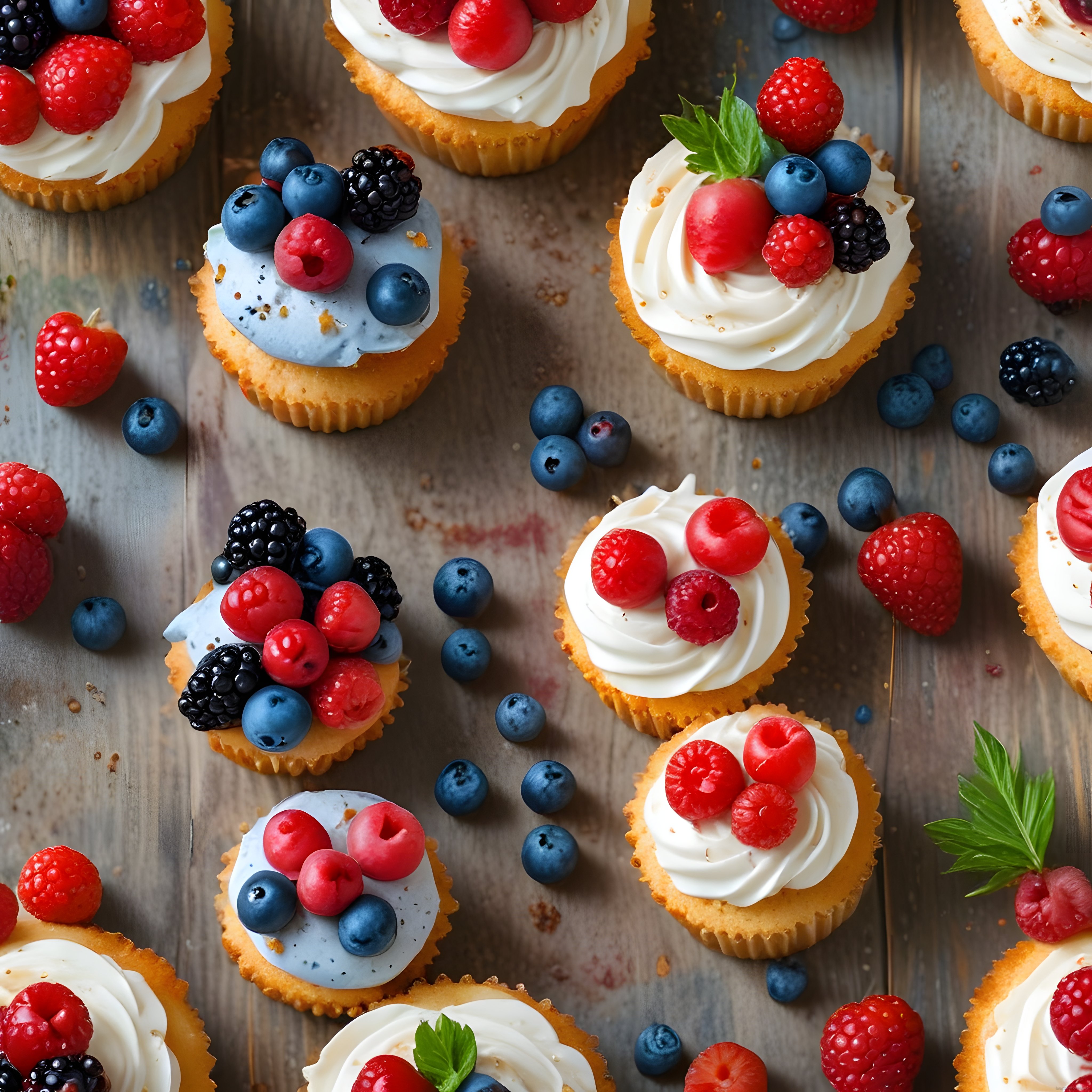 orman meyveli kremalı cupcake ve mini tartlar rustik ahşap arka planda