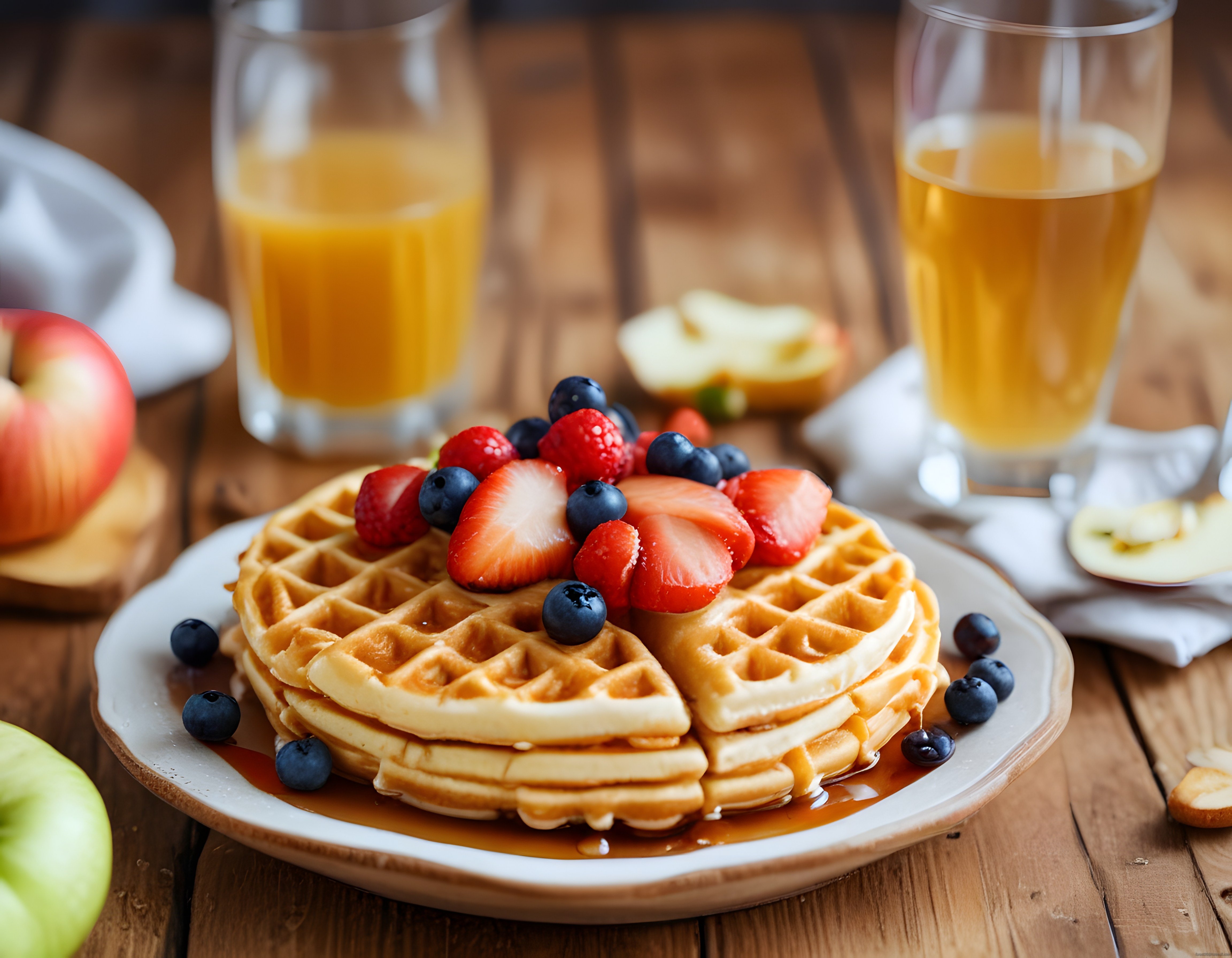 Orman Meyveli ve Akçaağaç Şurubuyla Süslenmiş Sıcacık Waffle Kahvaltısı