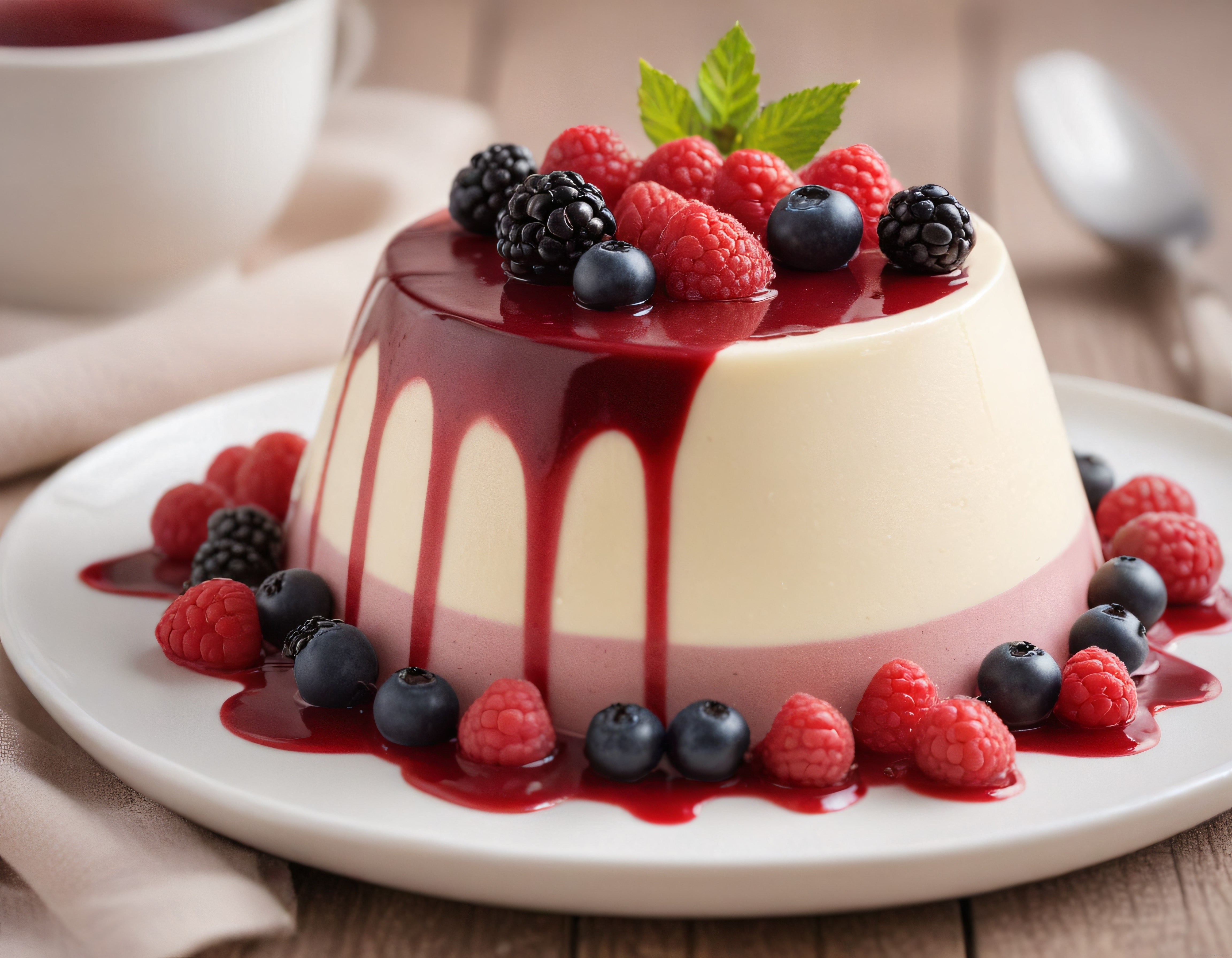 Orman Meyveli ve Çarkıfelek Soslu İtalyan Panna Cotta Tatlısı Sunumu