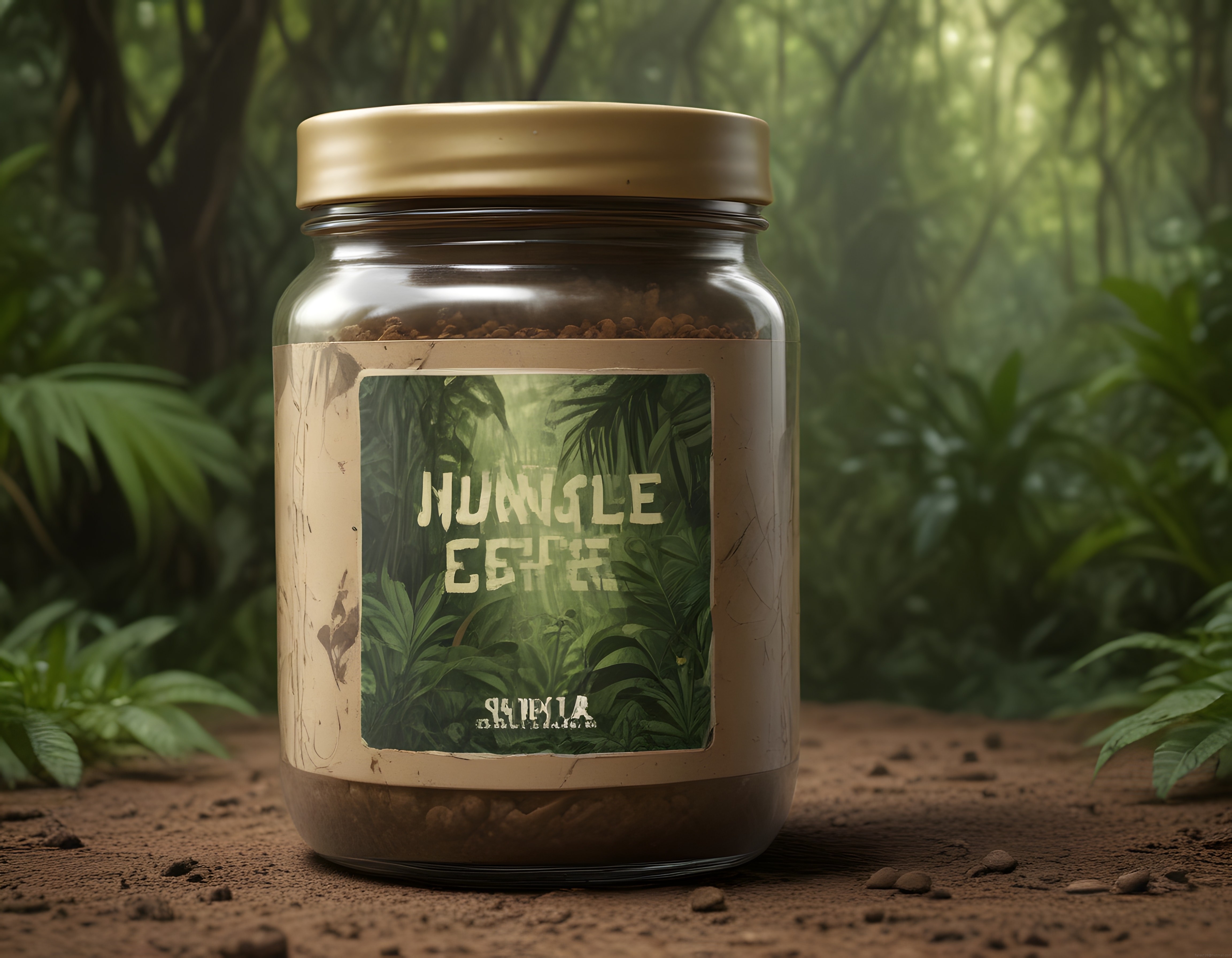 Orman ortamında Jungle Coffee etiketli granül kahve kavanozu ürün fotoğrafı