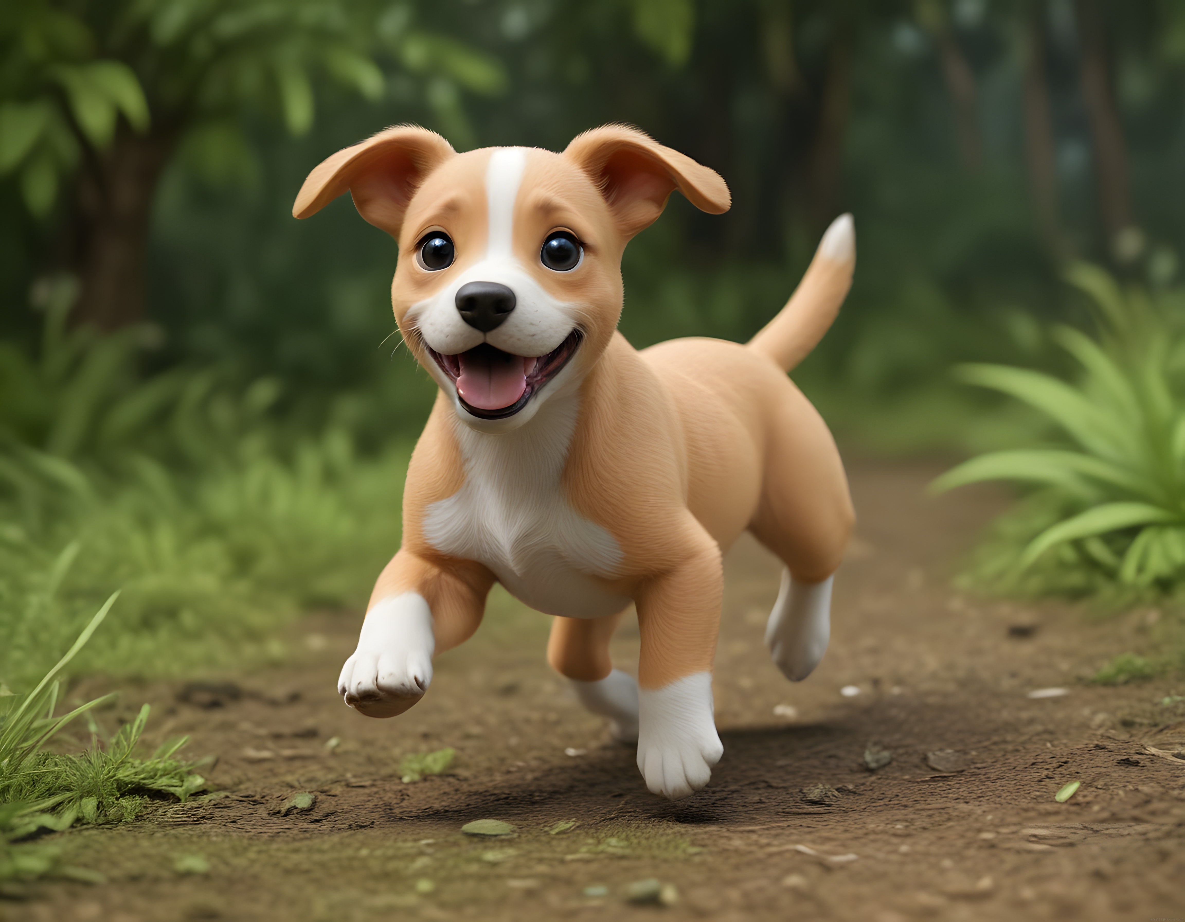 Orman Patikasında Neşeyle Koşan Sevimli Kahverengi 3D Animasyon Köpek Yavrusu