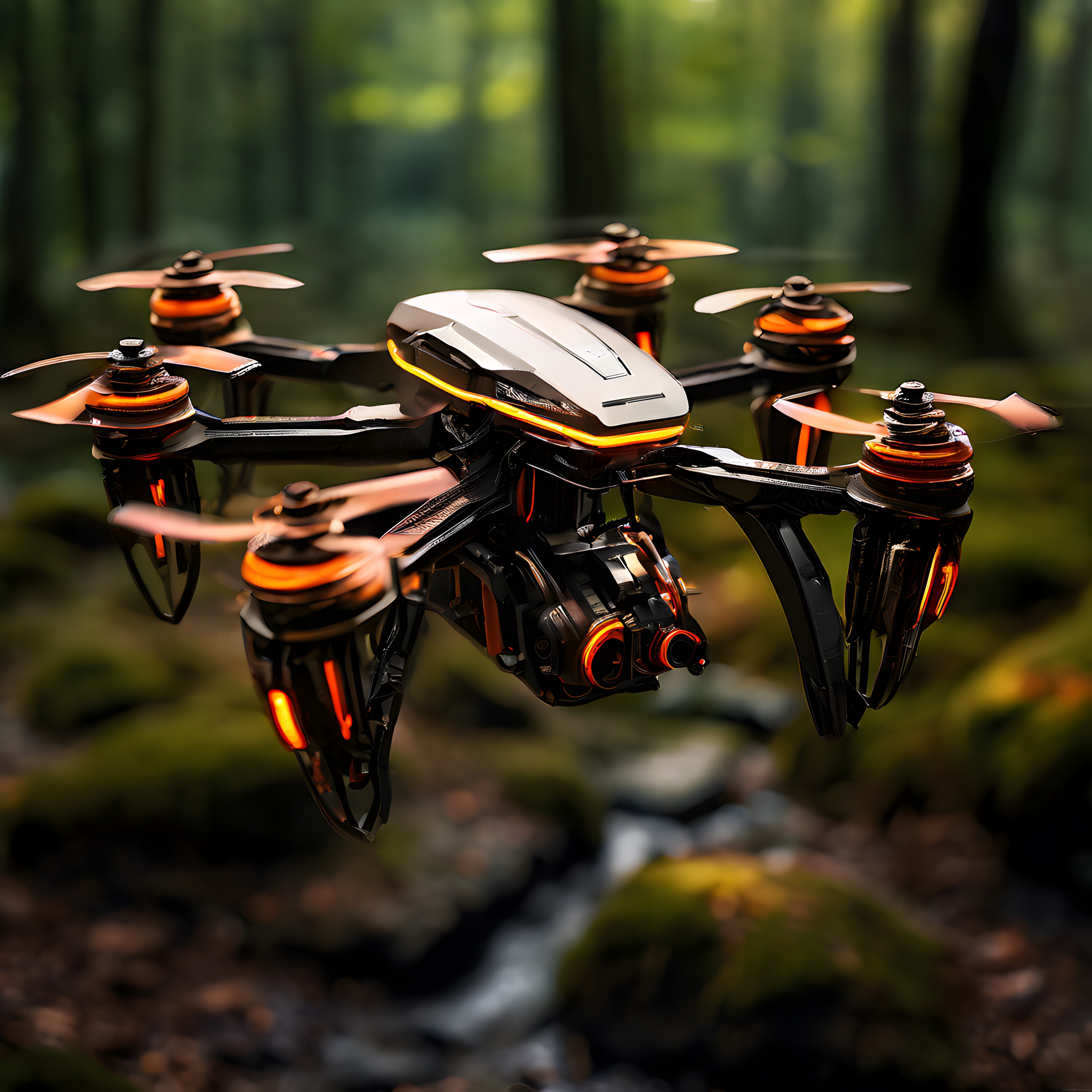 Orman Üzerinde Uçan Fütüristik Altı Pervaneli Drone ve Gelişmiş Teknolojisi