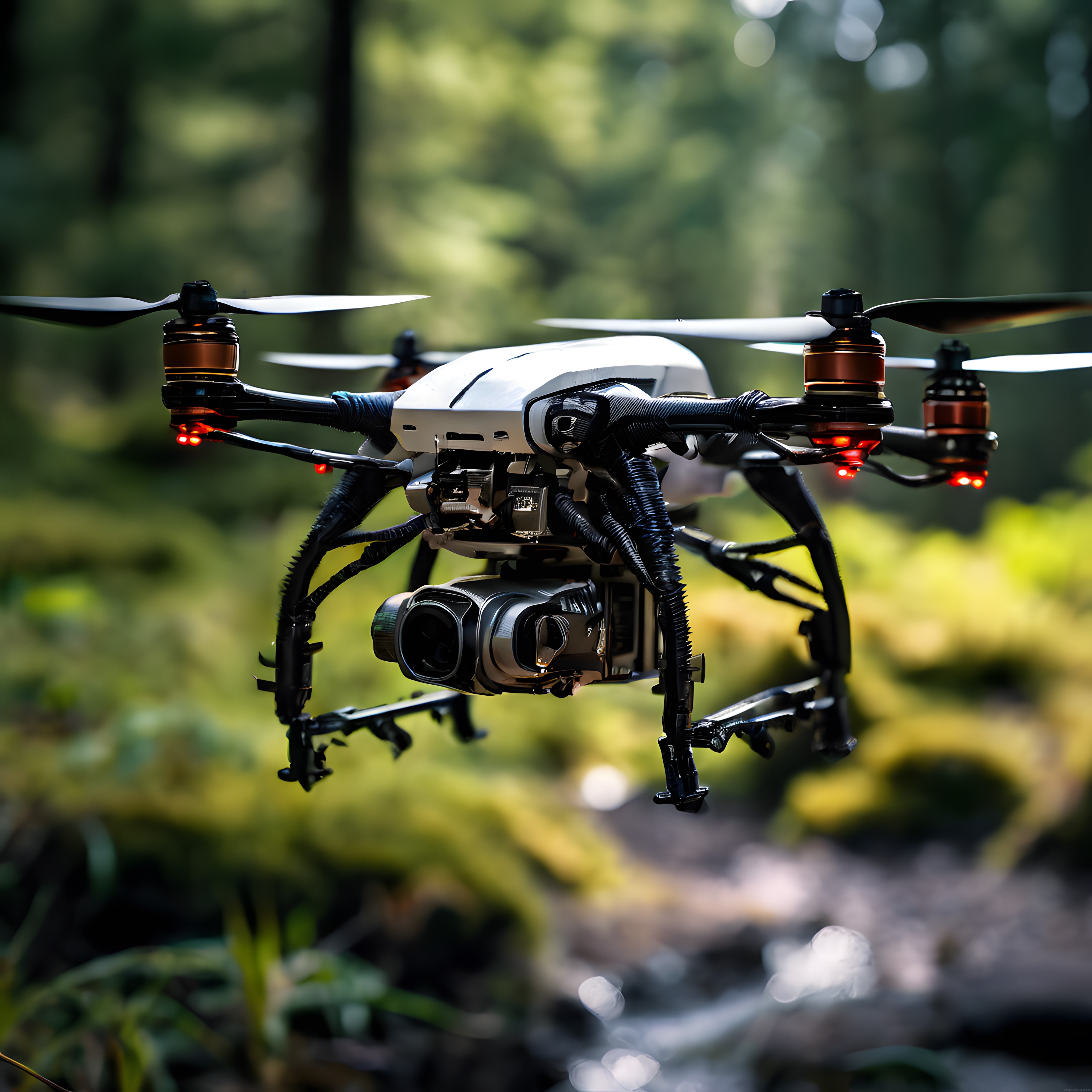 Orman üzerinde uçan profesyonel kamera dronu ve doğa fotoğrafçılığı teknolojisi