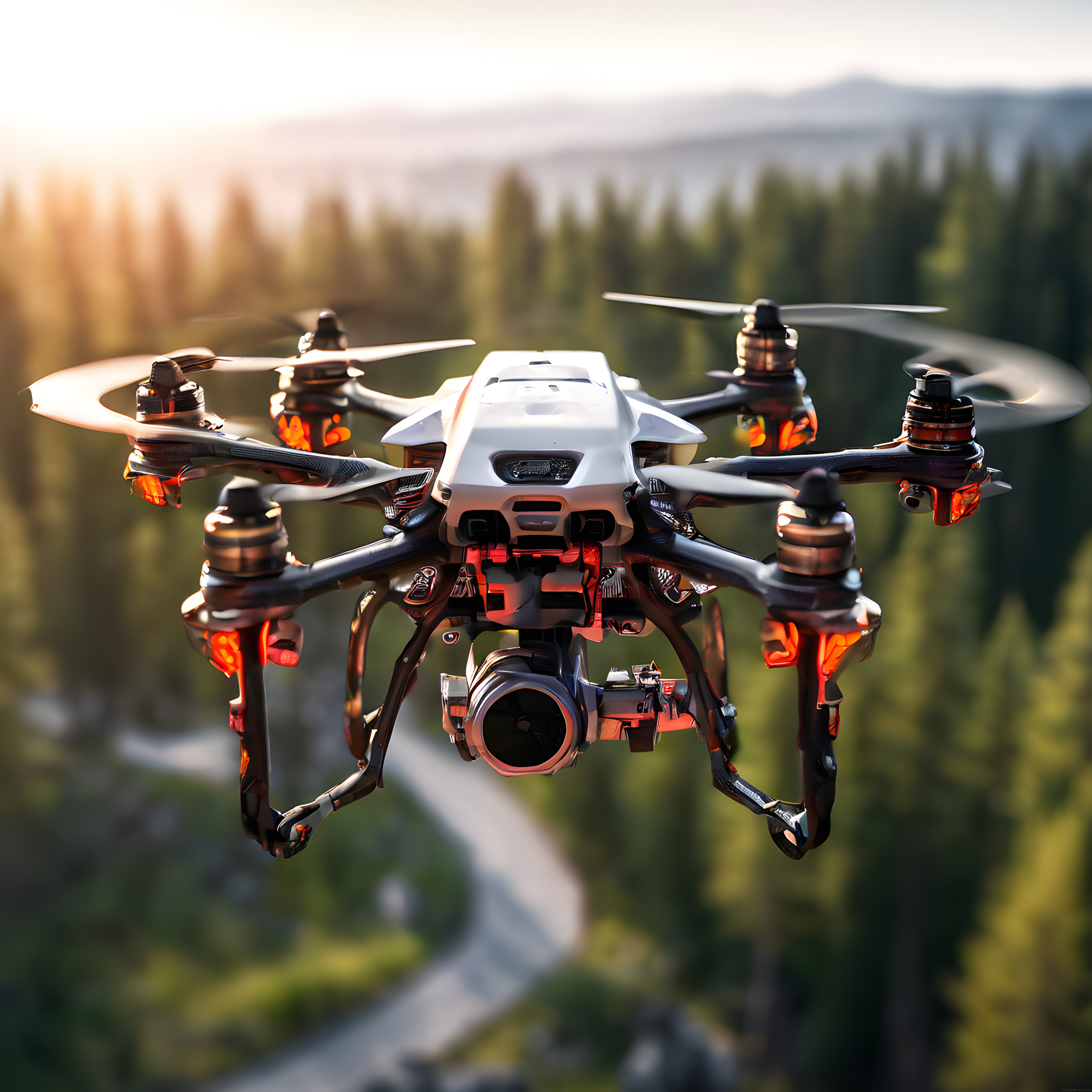 Orman ve Gün Batımı Arka Planında Profesyonel Altı Pervaneli Drone