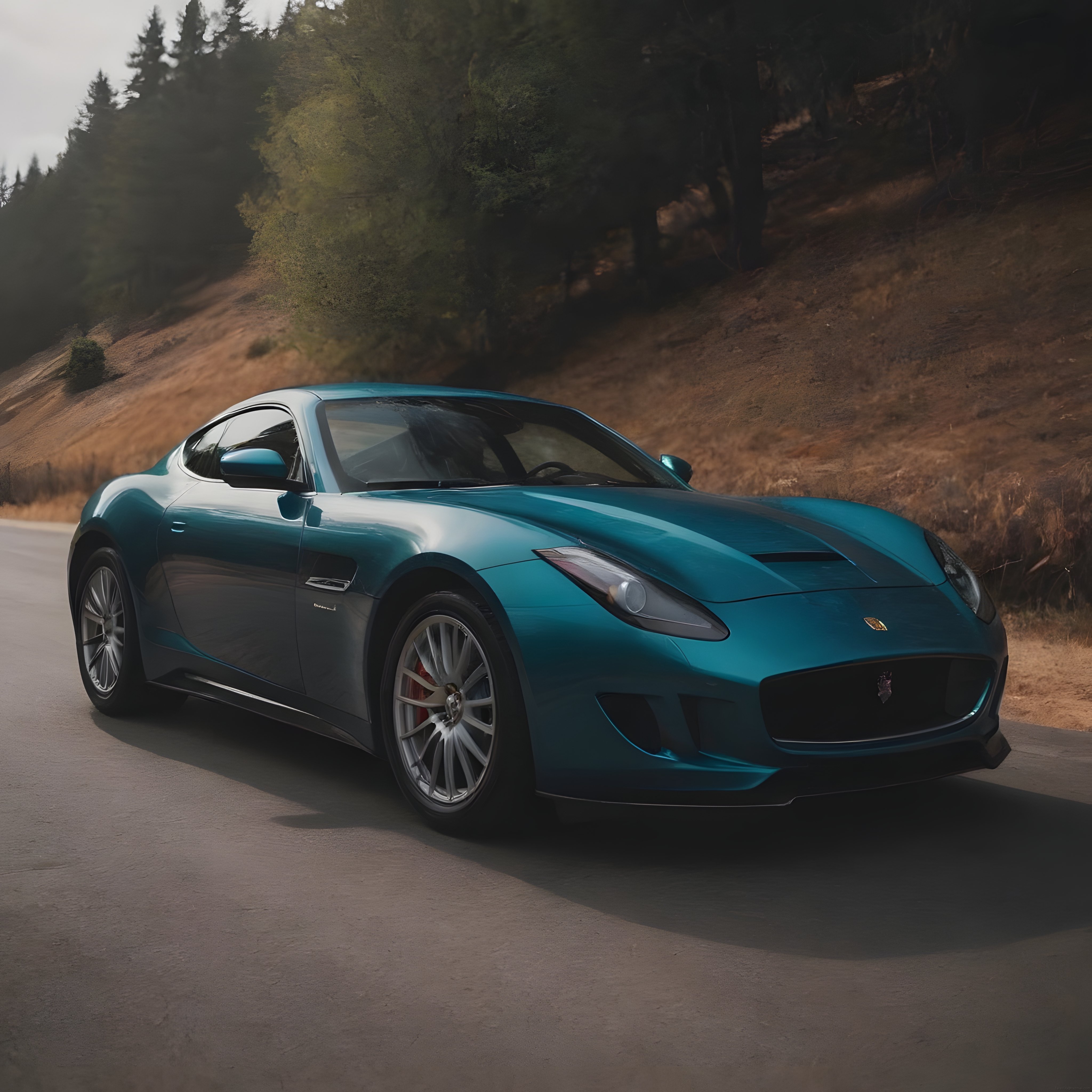 Orman Yolunda Duran Göz Alıcı Jaguar F-Type Spor Araba Fotoğrafı