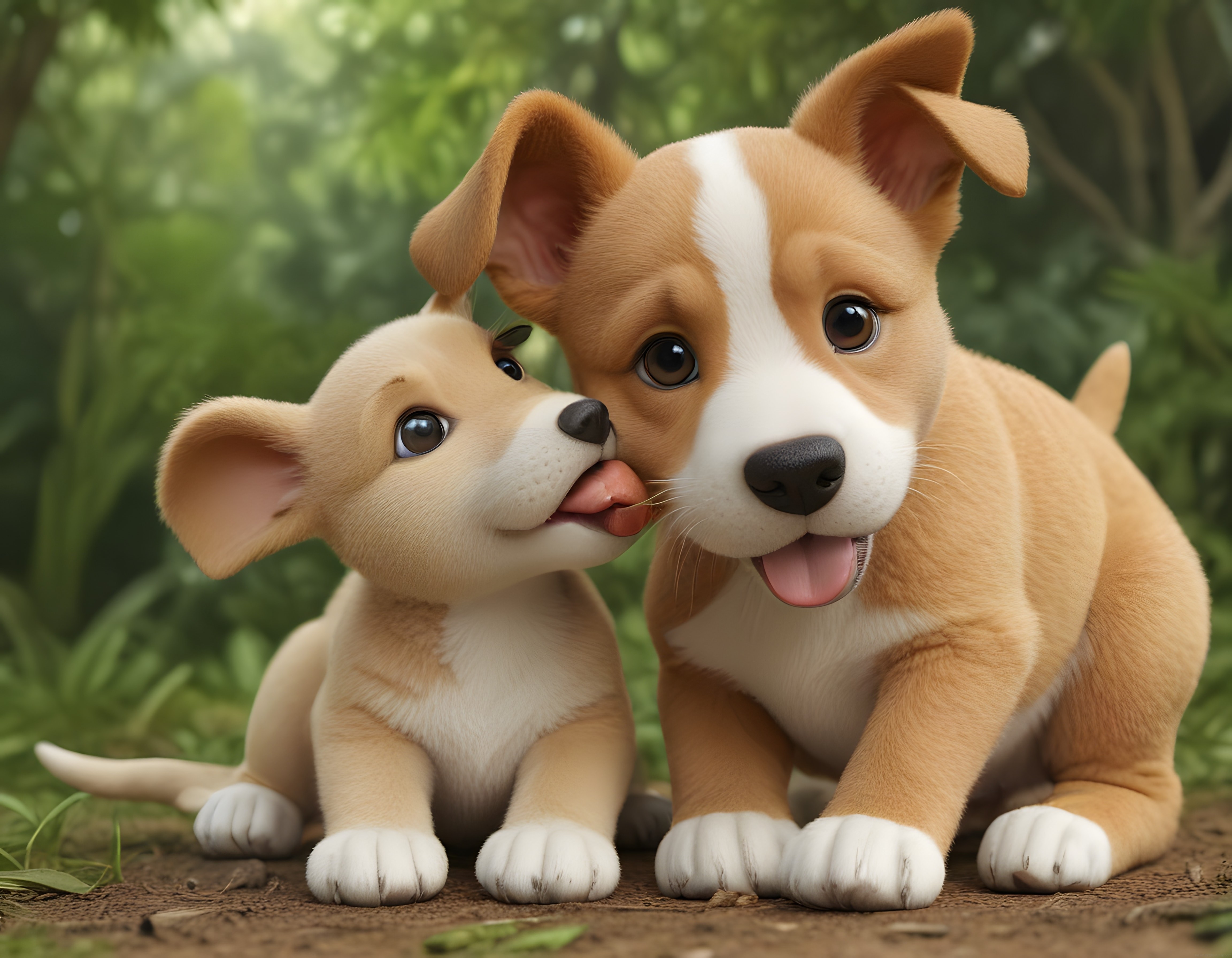 Ormanda birbirine sokulan iki sevimli yavru köpeğin neşeli ve sıcacık anı
