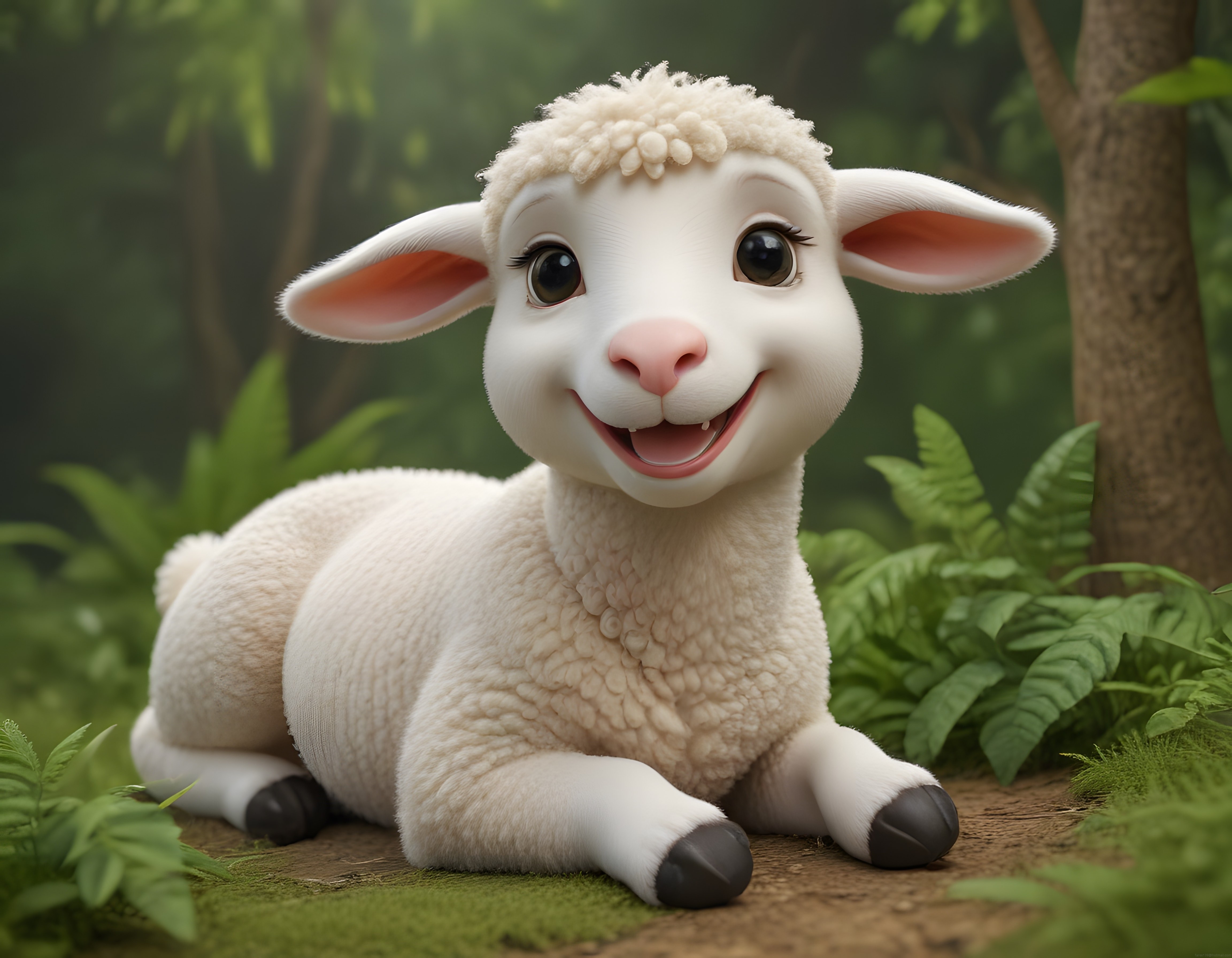 Ormanda Oturan Gülümseyen Sevimli 3D Animasyon Kuzu Karakteri Fotoğrafı