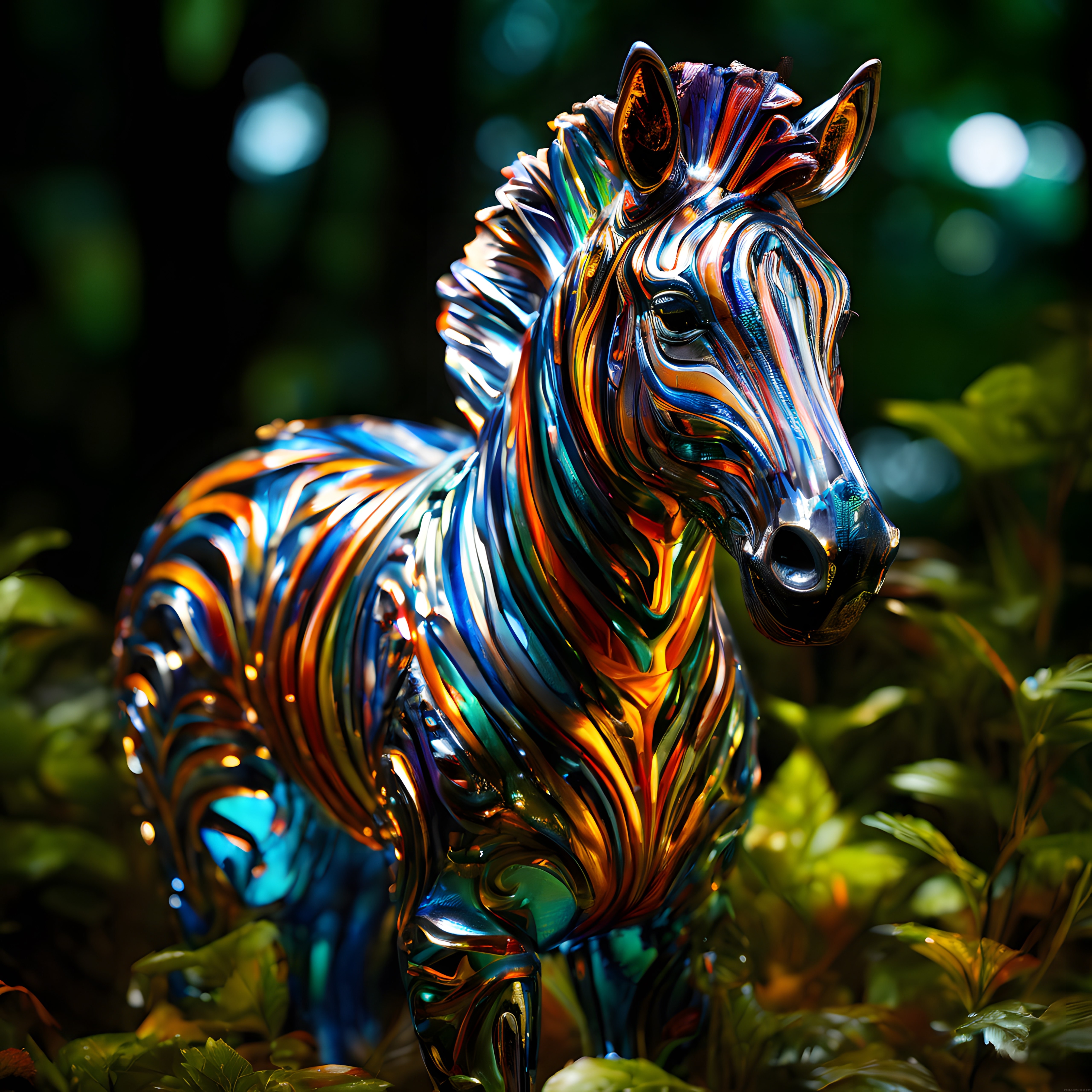 Ormanda Parıldayan Renkli Metalik Zebra Heykeli 3D Dijital Sanat