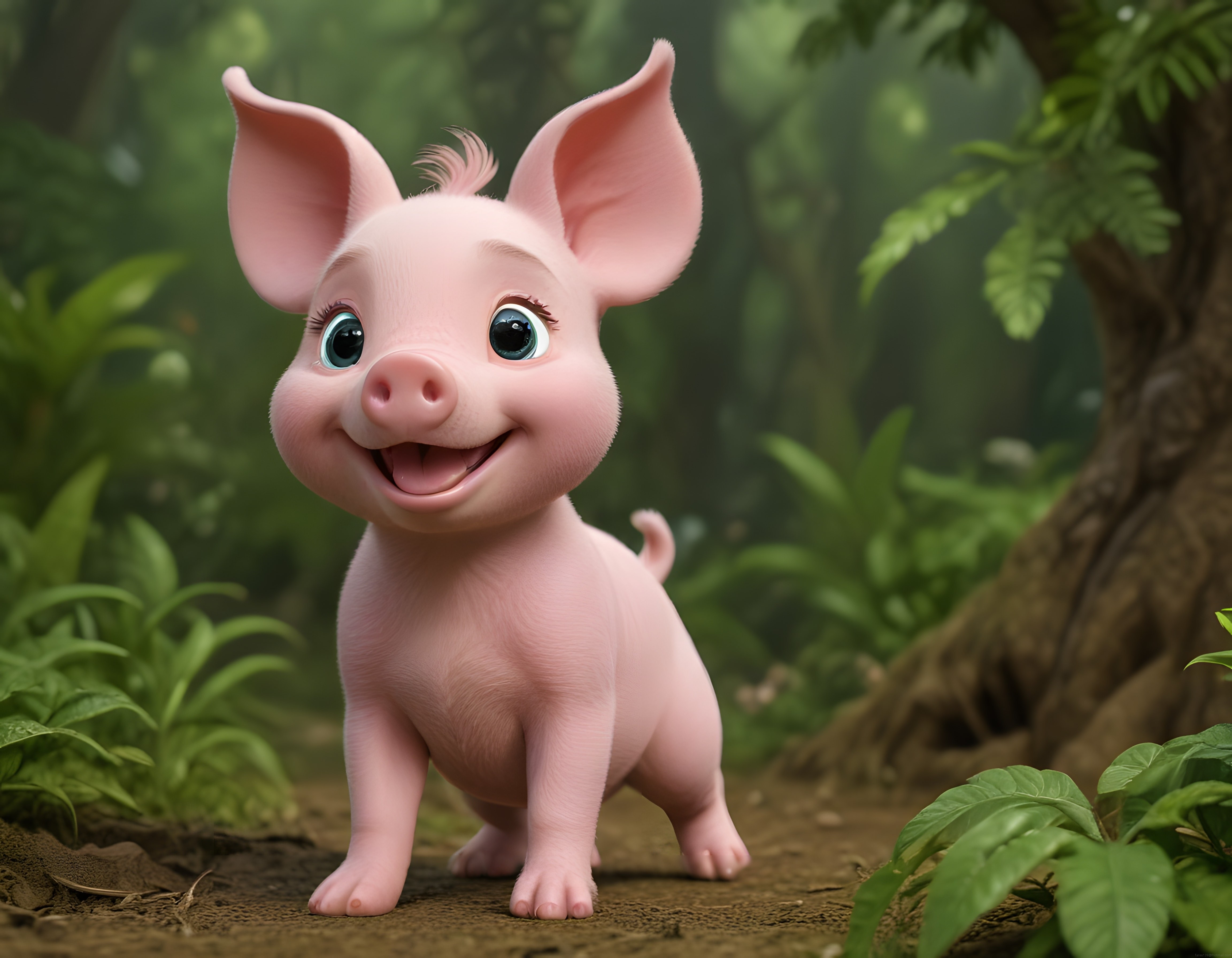 Ormanda Sevimli Pembe Domuzcuk Yavrusu 3D Animasyon Karakteri