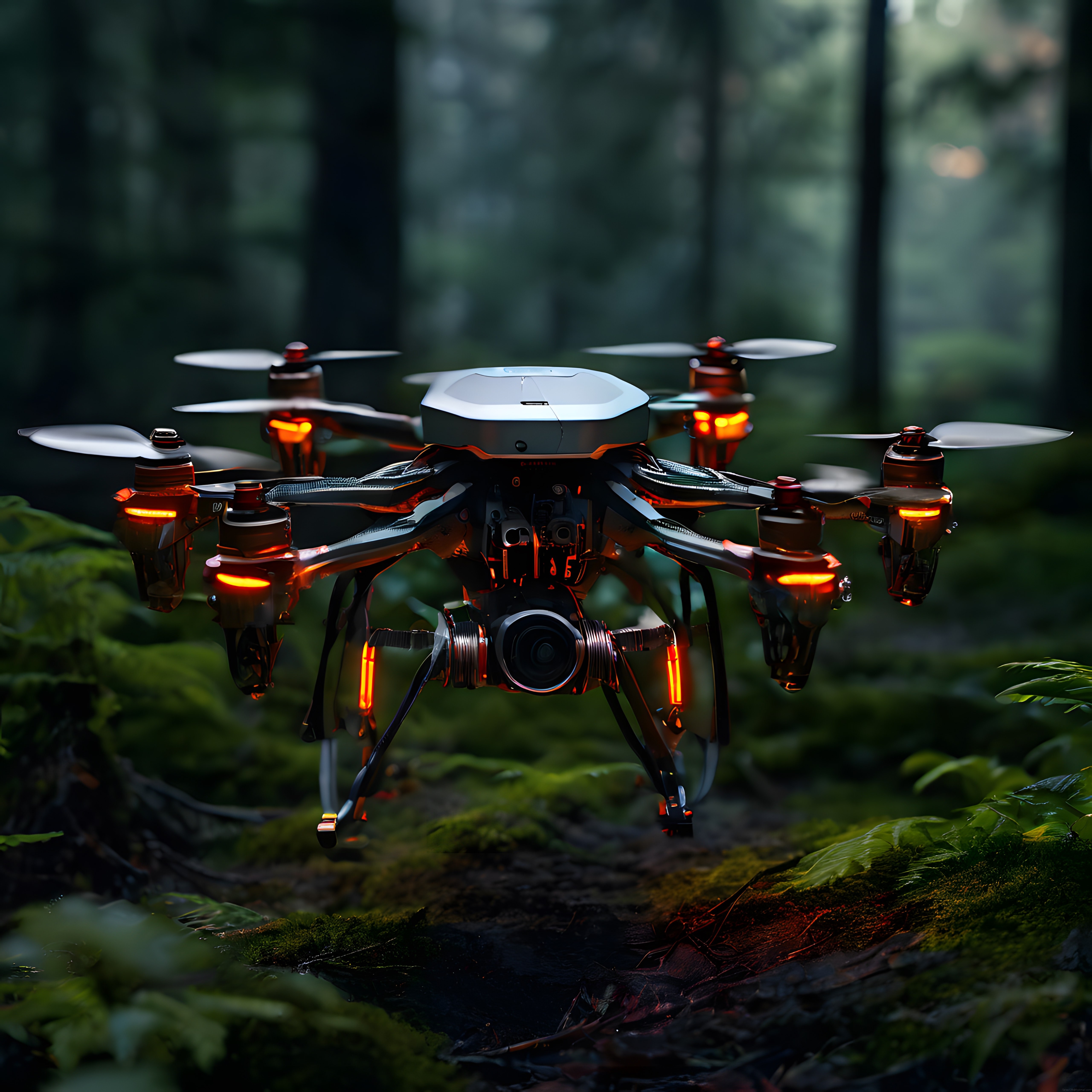Ormanın Derinliklerinde Gizemli Bir Atmosferde Parlayan Profesyonel Drone