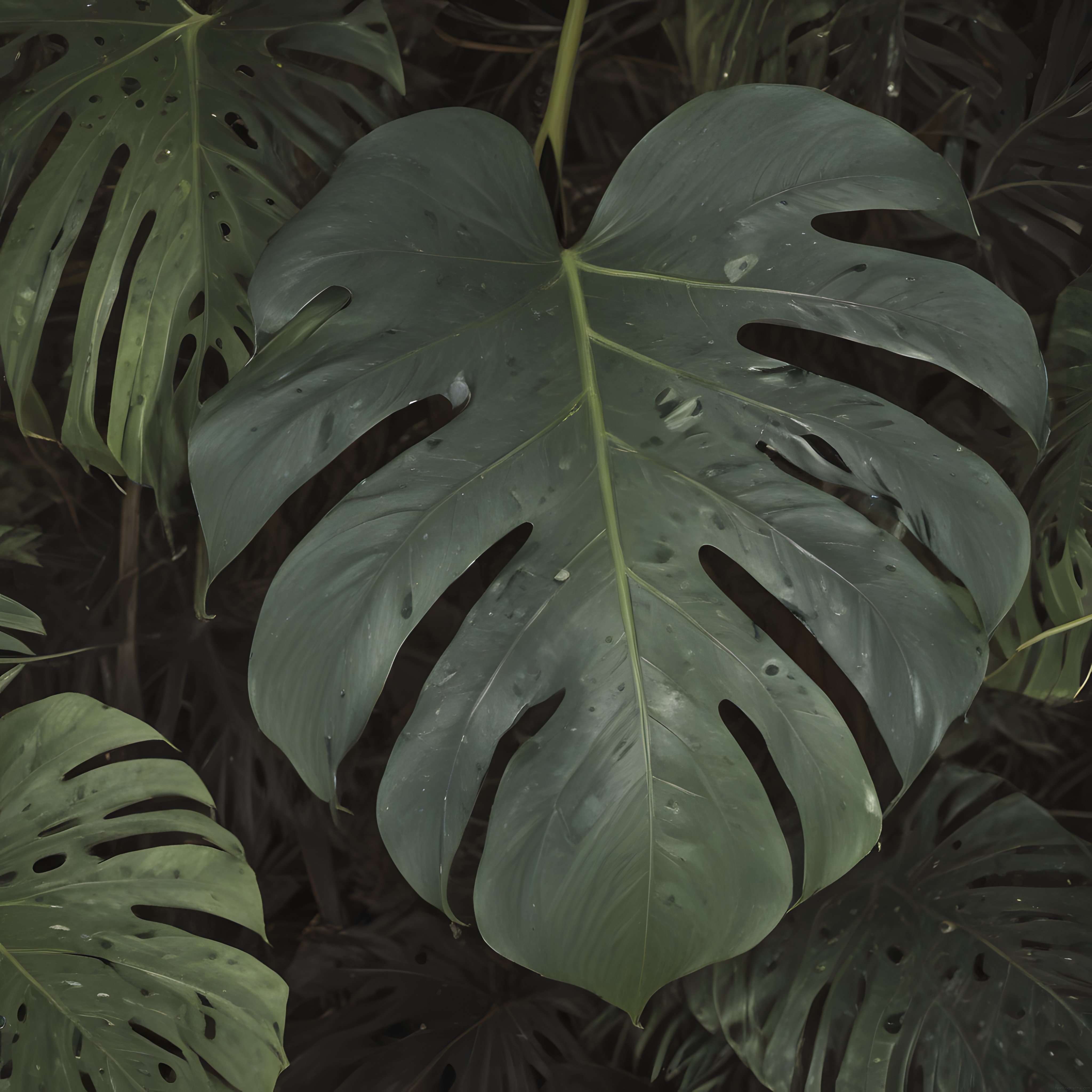 Ormanın derinliklerinde su taneleriyle parıldayan dev monstera yaprağı