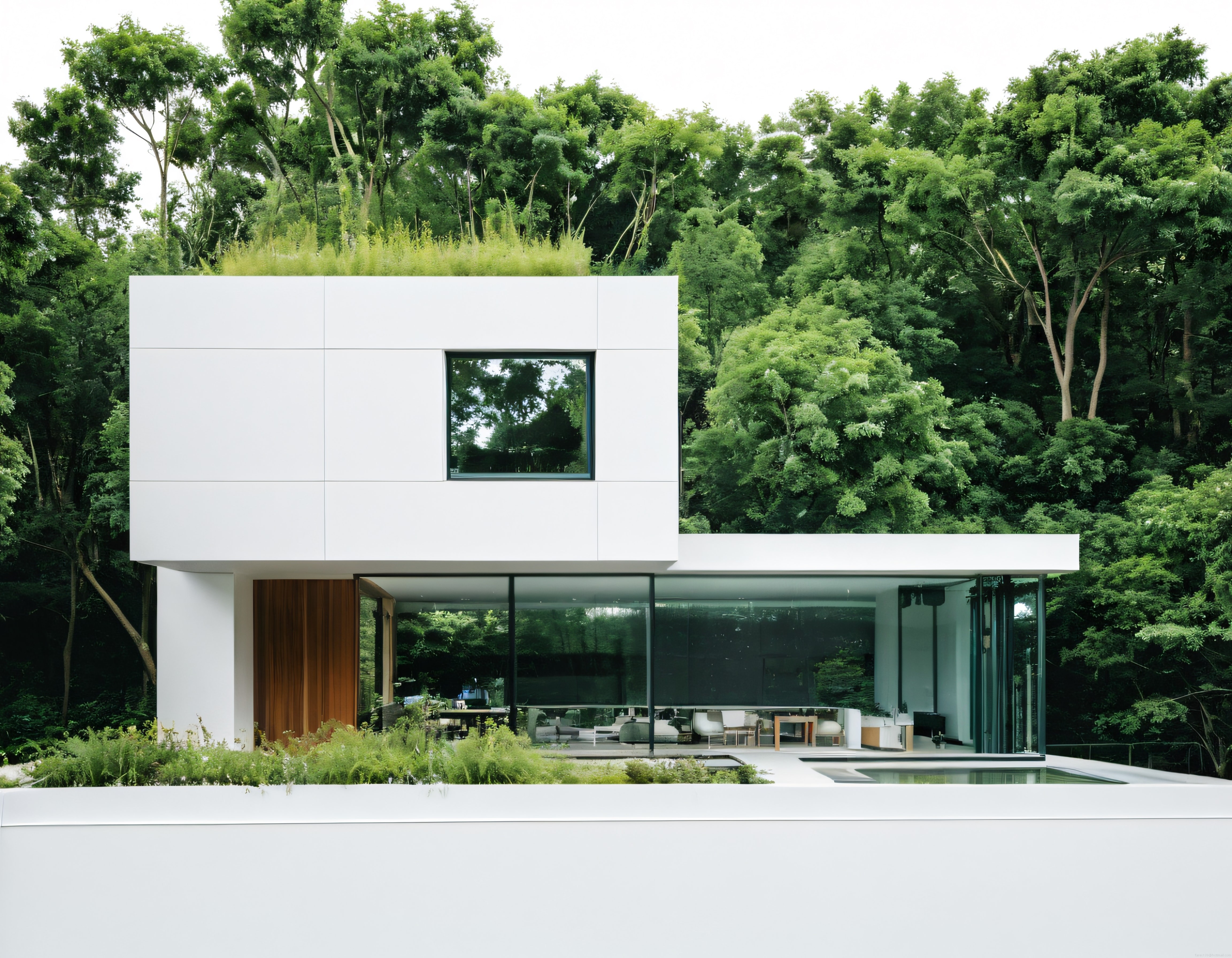 Ormanın Derinliklerine Yerleşik Cam Cepheli Minimalist Beyaz Villa
