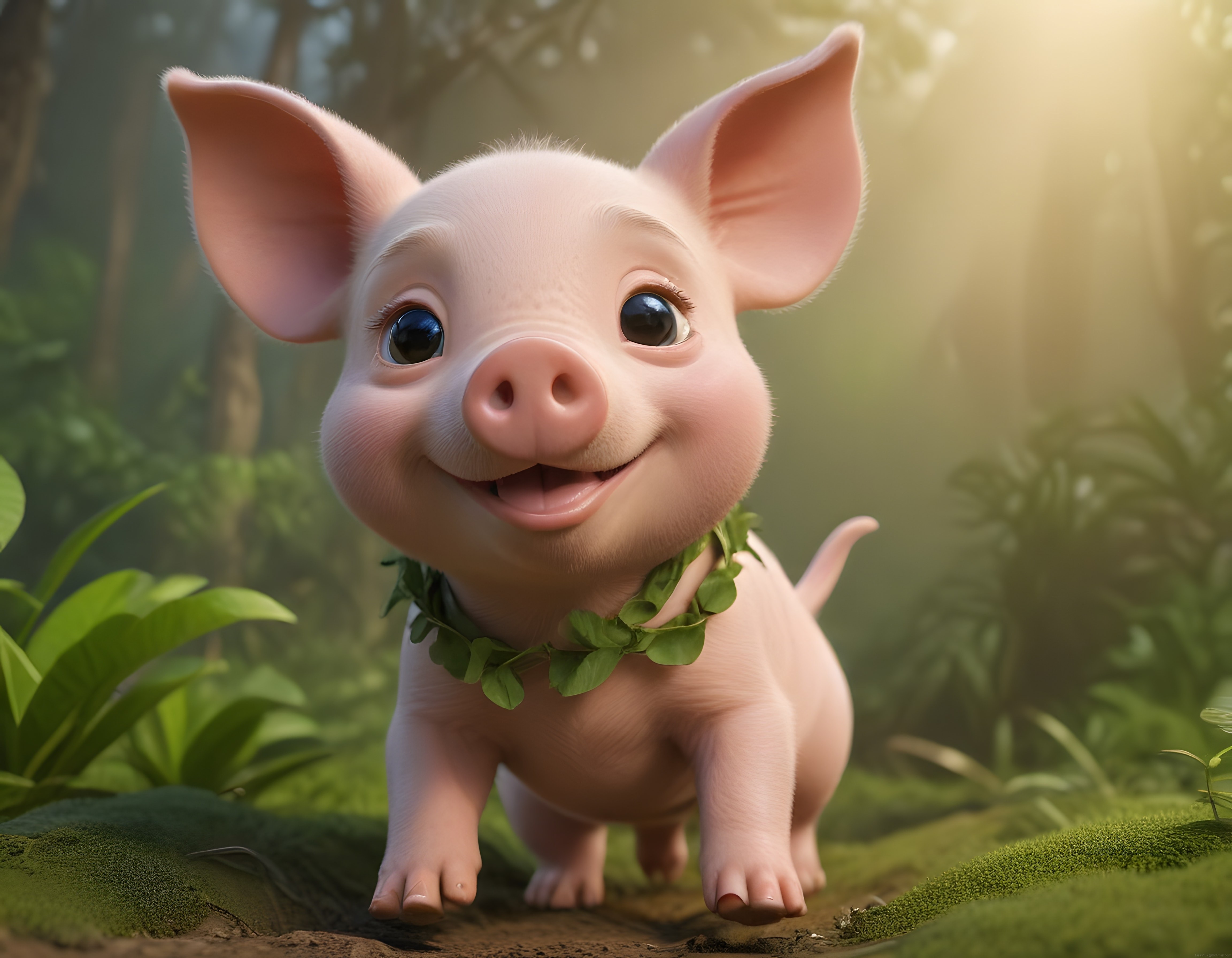 Ormanın Gizemli Güneşinde Yaprak Kolyeli Sevimli 3D Animasyon Domuzcuk
