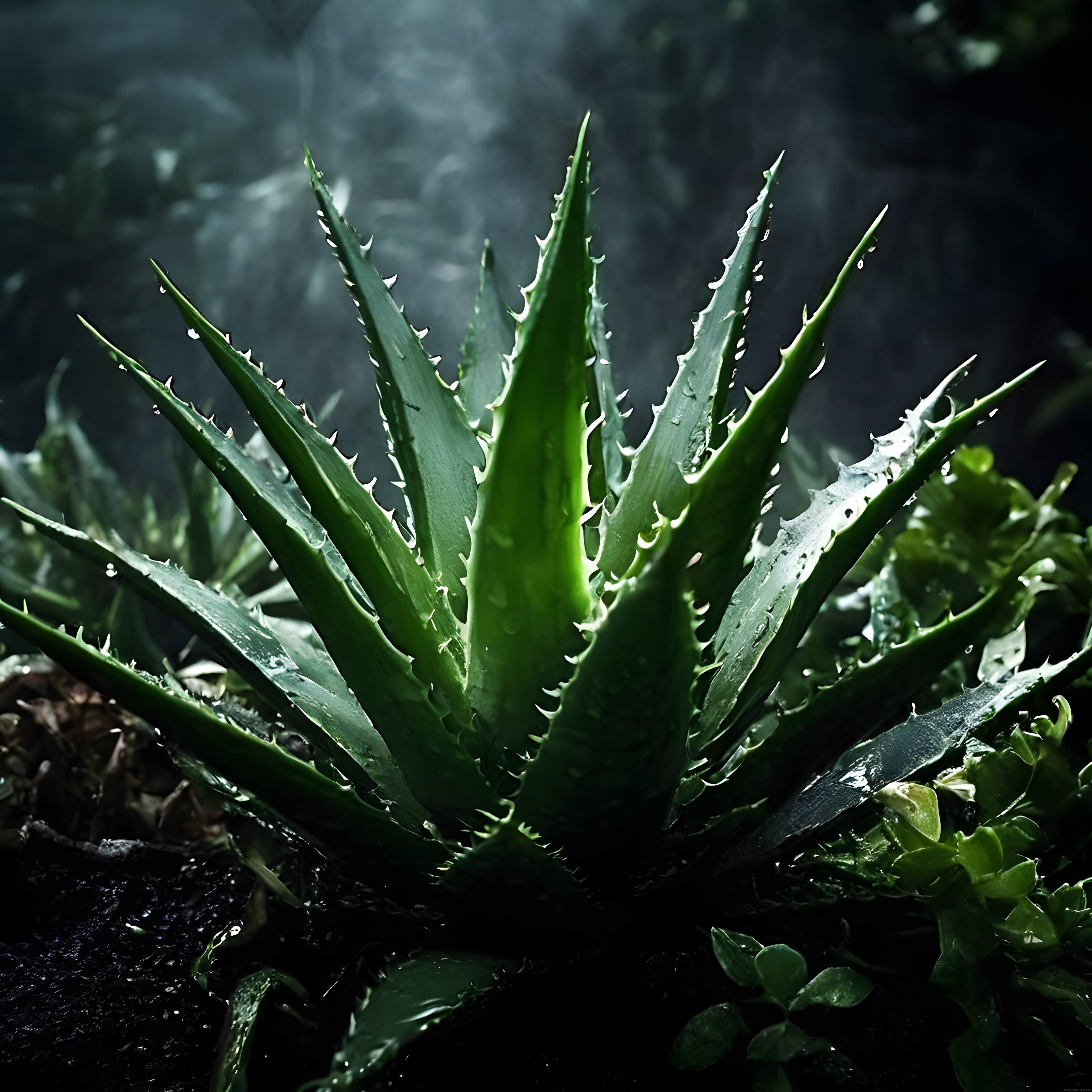 Ormanın Gizemli Işığında Parıldayan Aloe Vera Yaprakları ve Su Damlacıkları