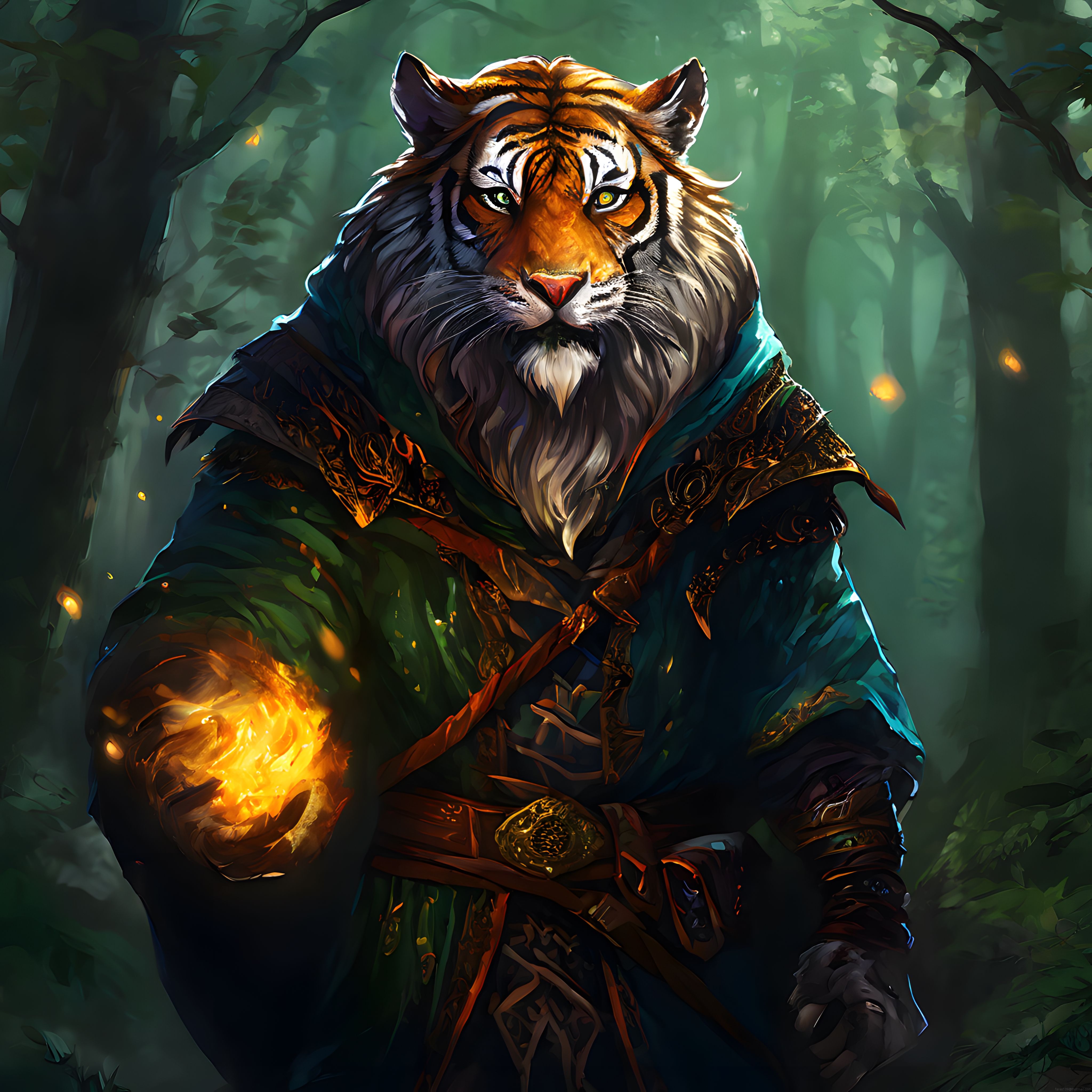 Ormanın Gizemli Koruyucusu: Zırhlı Kaplan Büyücü ve Ateş Küre Konsept Sanatı
