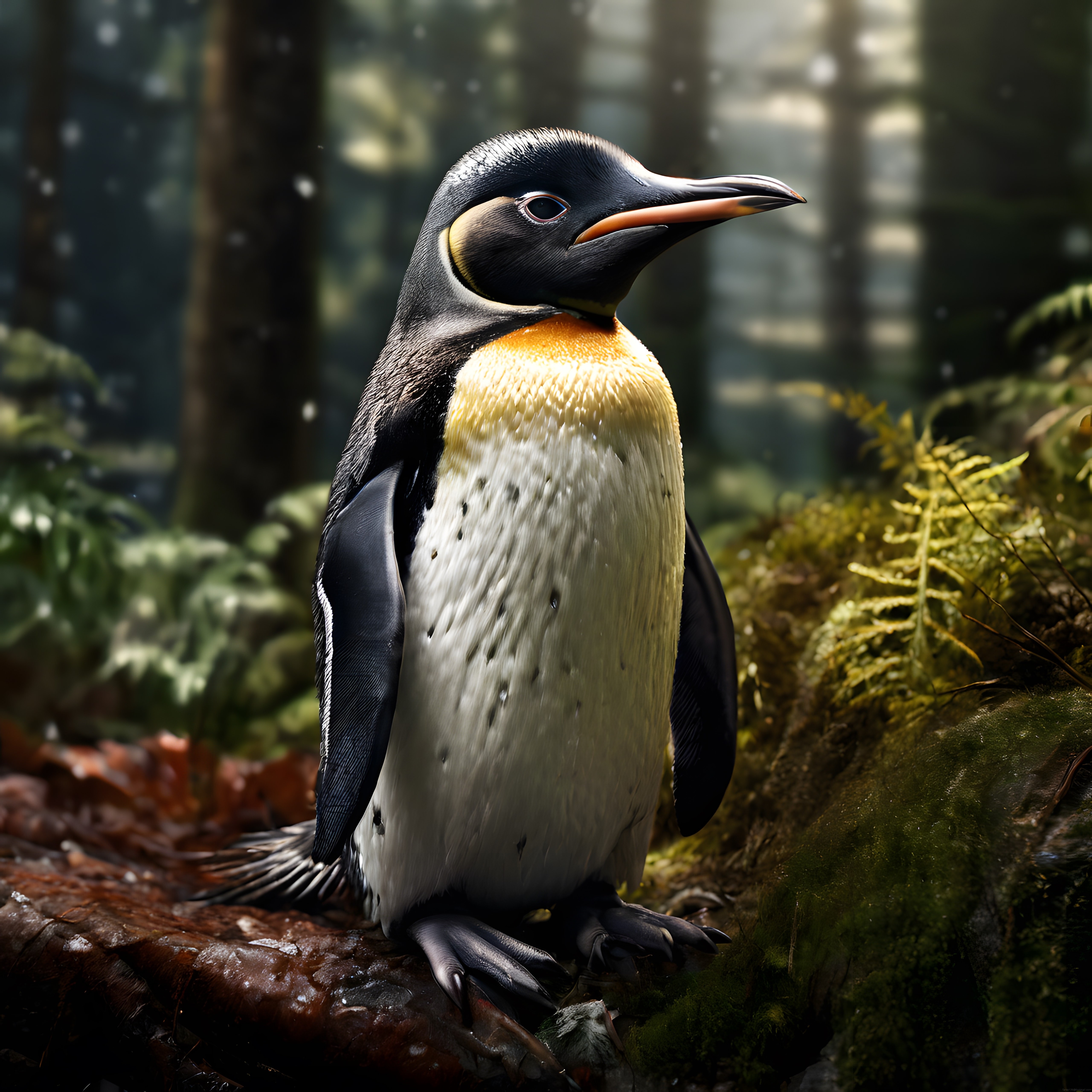 Ormanın gizemli ortamında karanlık ve ışık oyunlarıyla süslü penguen