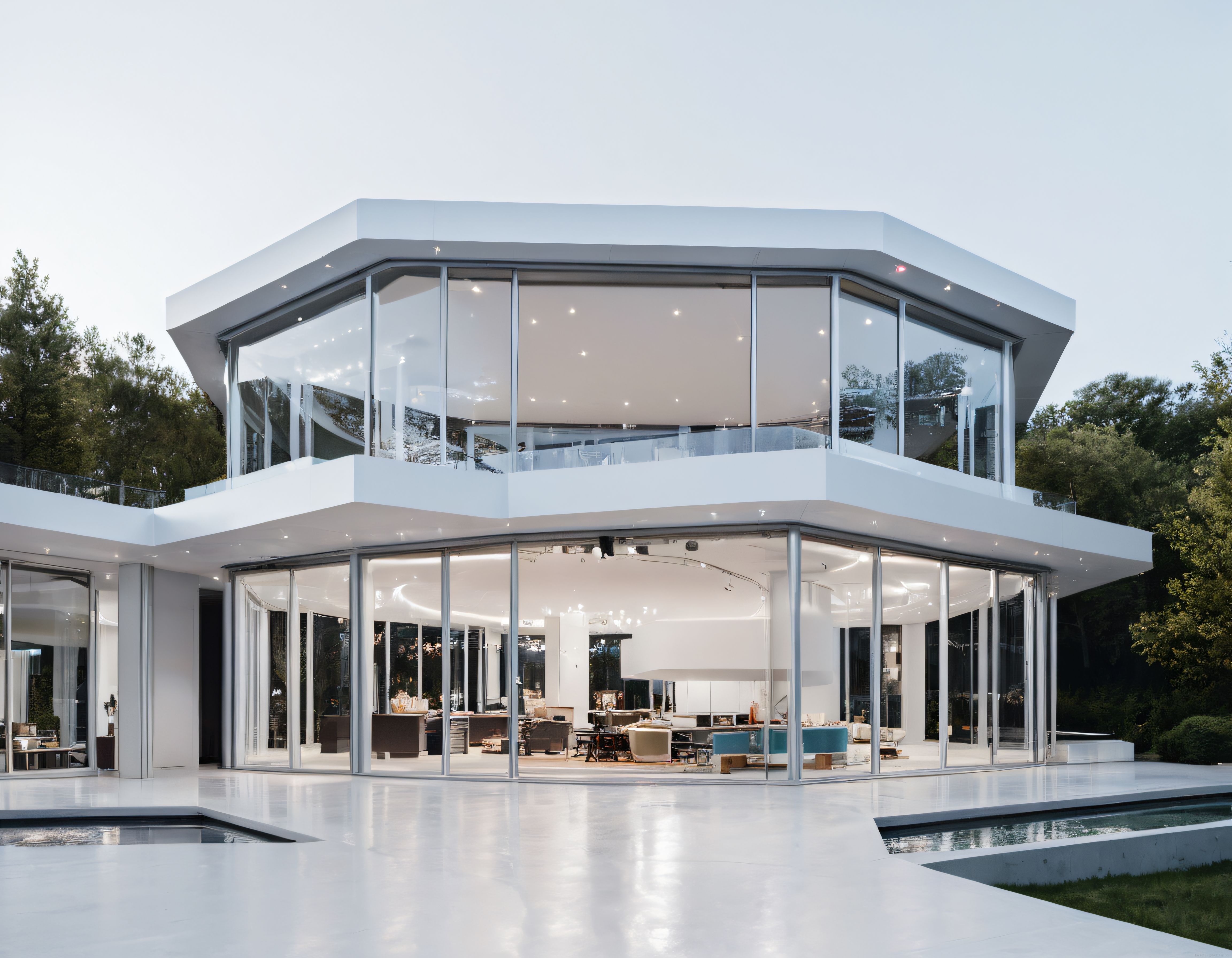 Ormanın İçinde Cam Cepheli Çağdaş Lüks Beyaz Minimalist Villa