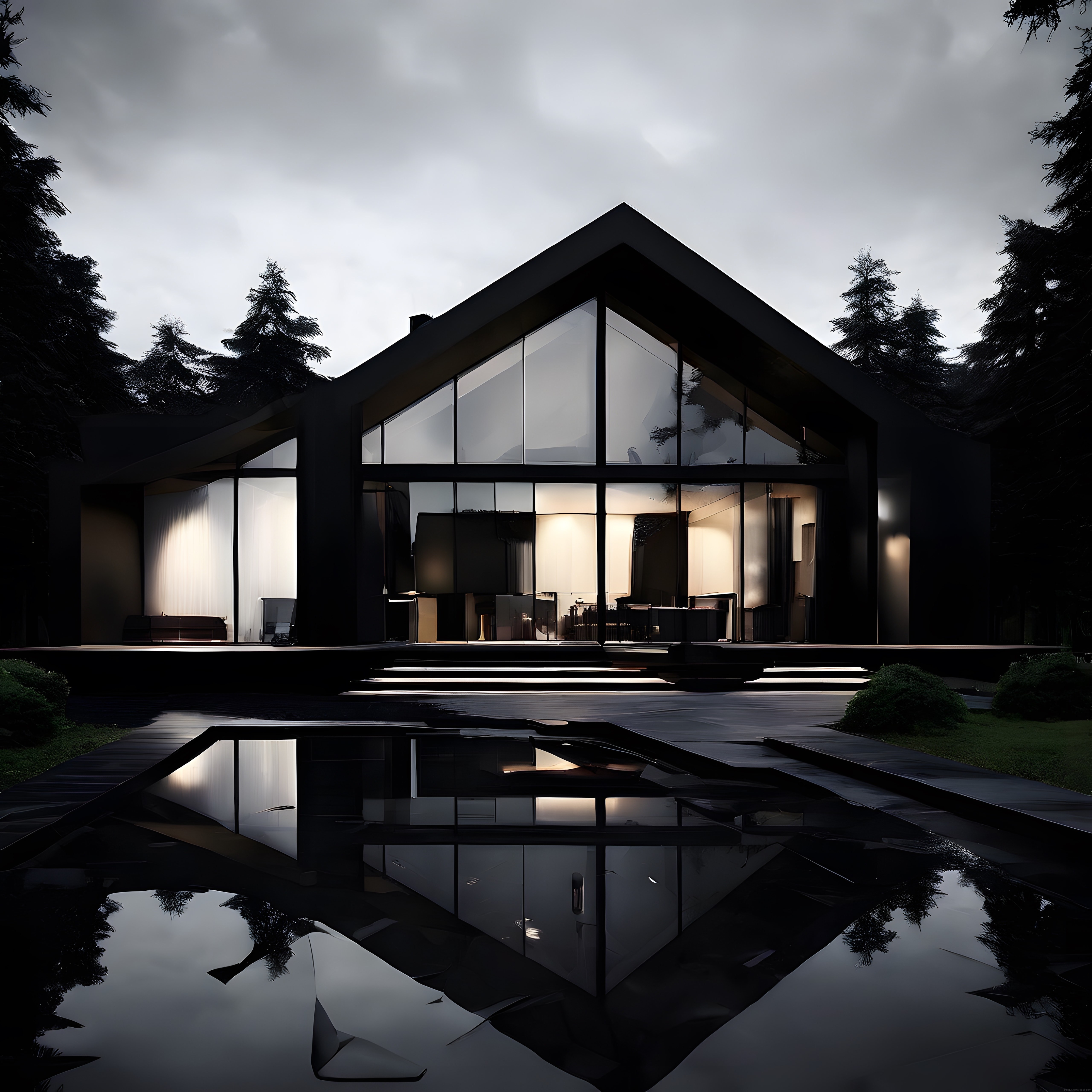 Ormanın İçinde Cam Cepheli Modern ve Minimalist Bir Evin Loş Atmosferi
