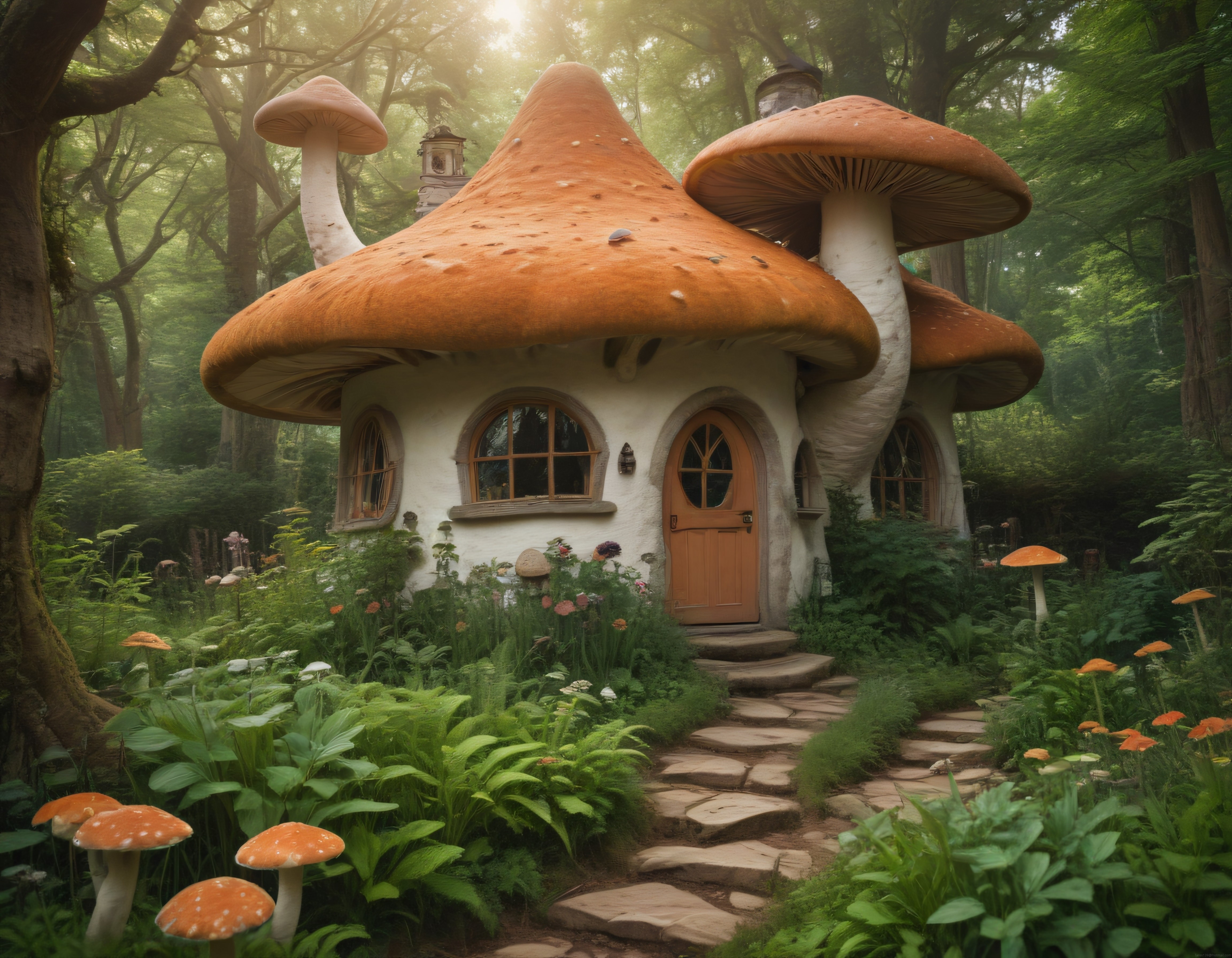 Ormanın içinde dev mantar şapkalı masalsı peri evi ve büyülü atmosfer