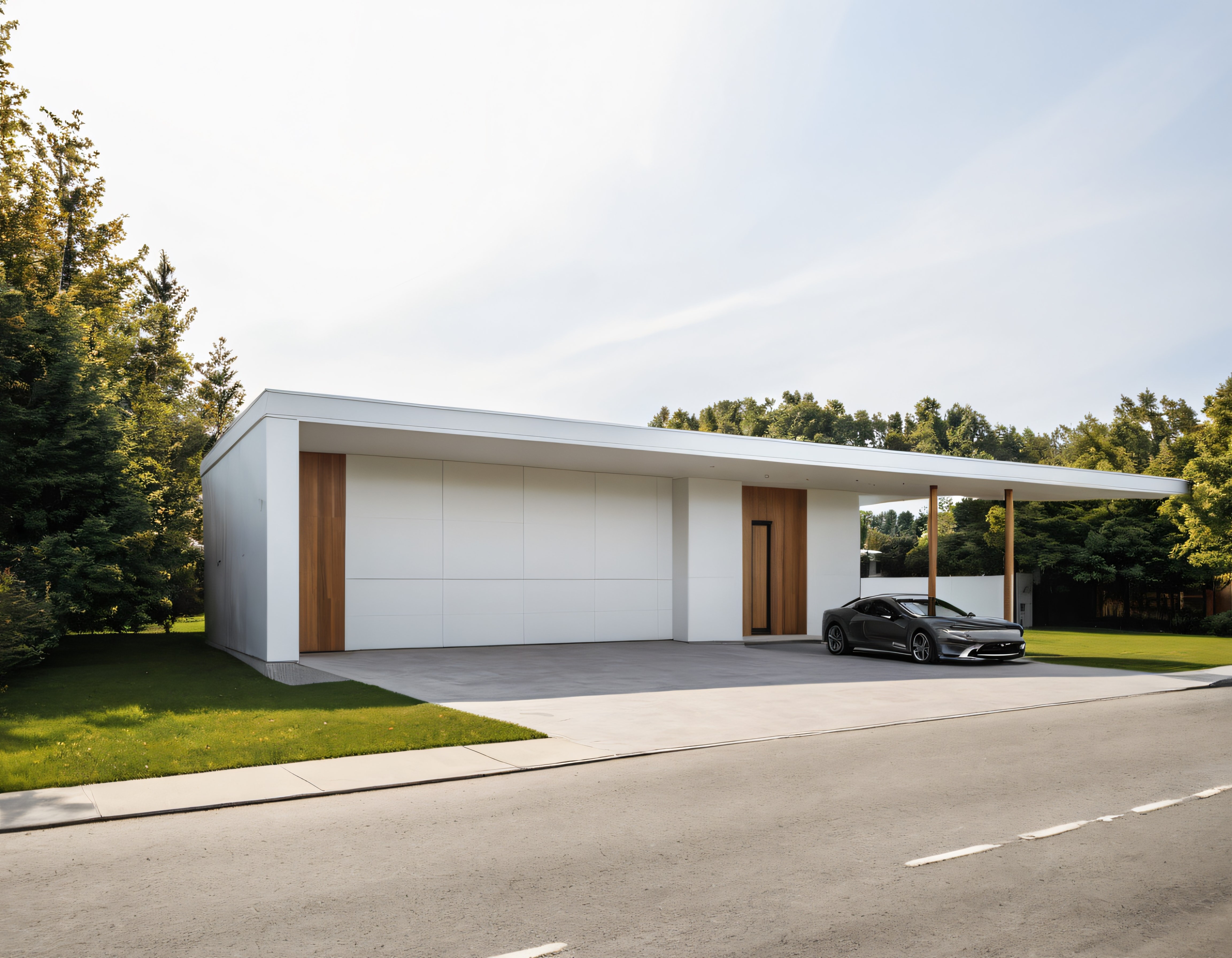 Ormanın içinde gizli beyaz minimalist villa ve lüks spor araba