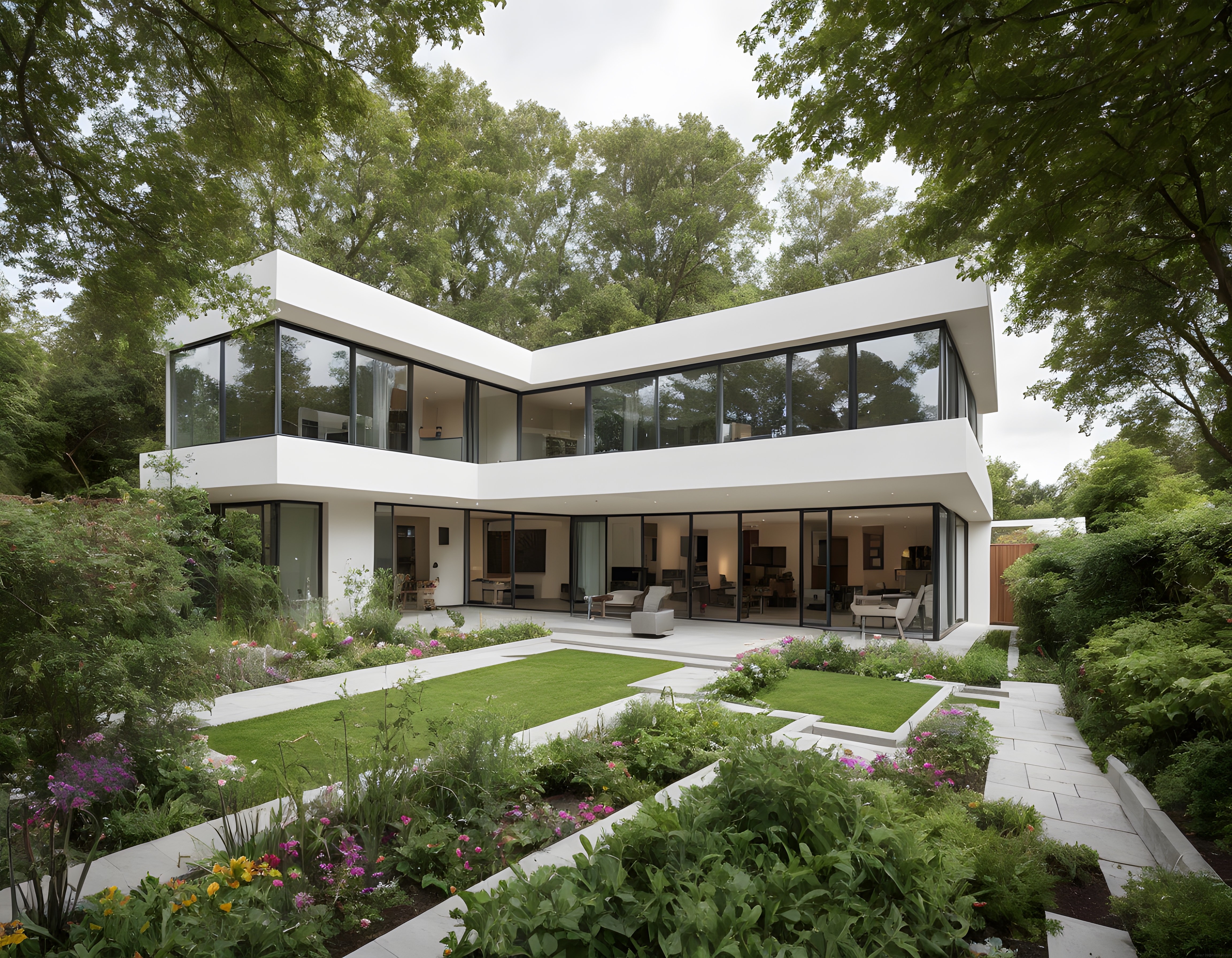 Ormanın İçinde Gizli L Şeklinde Modern Beyaz Villa ve Bahçe Tasarımı