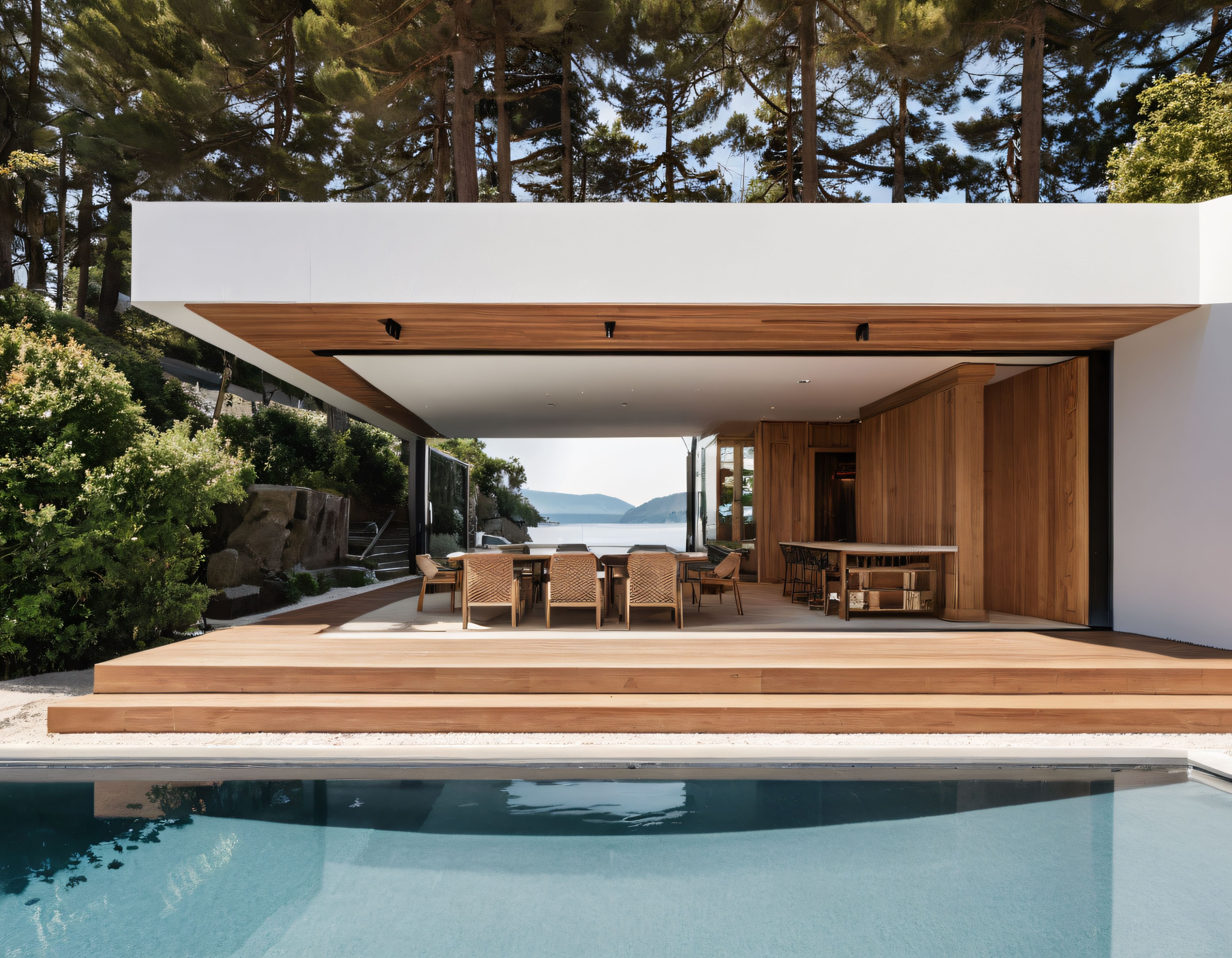 Ormanın İçinde Göl Manzaralı Modern Villa ve Yüzme Havuzlu Teras