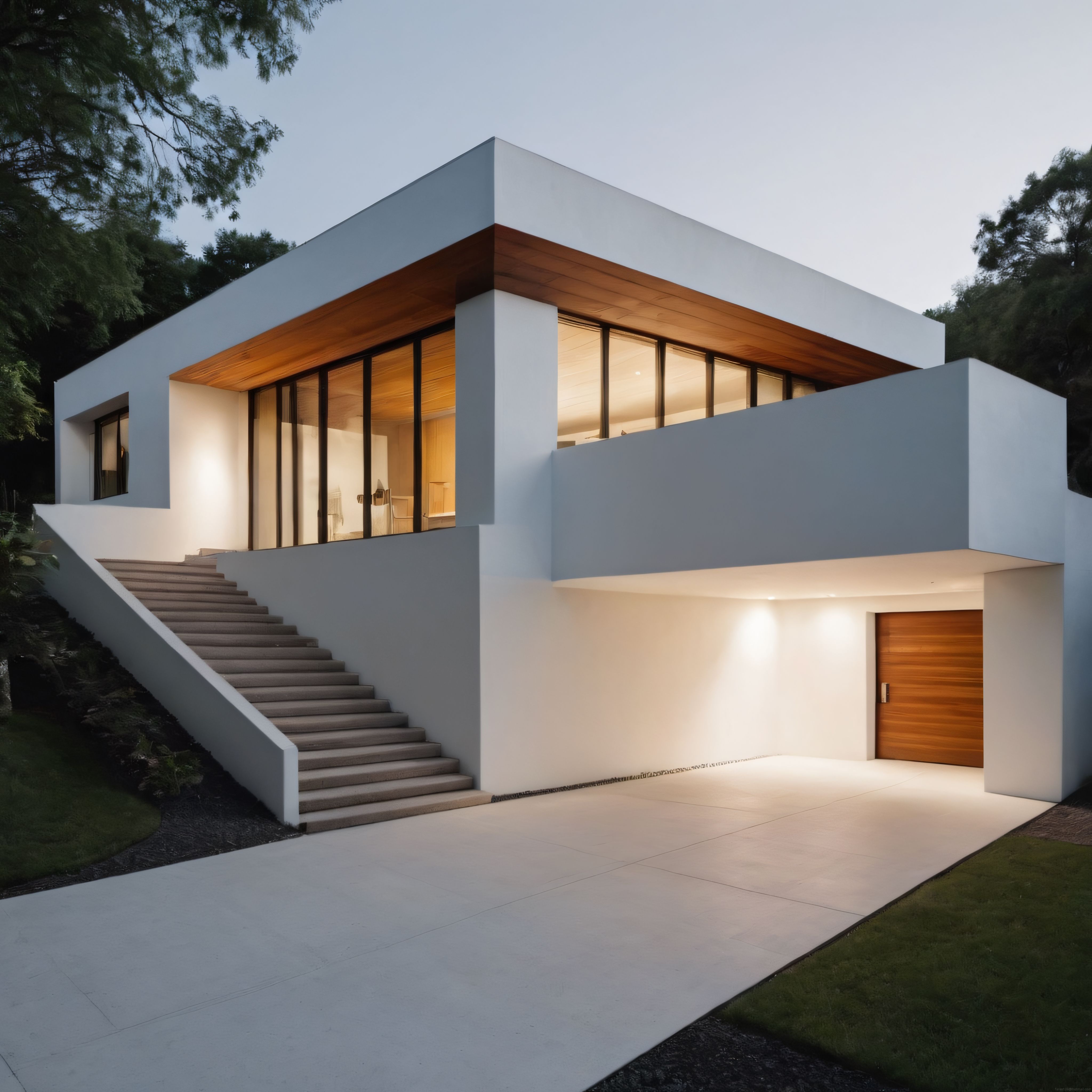 Ormanın İçinde Gün Batımında Modern Minimalist Villa ve Bahçe