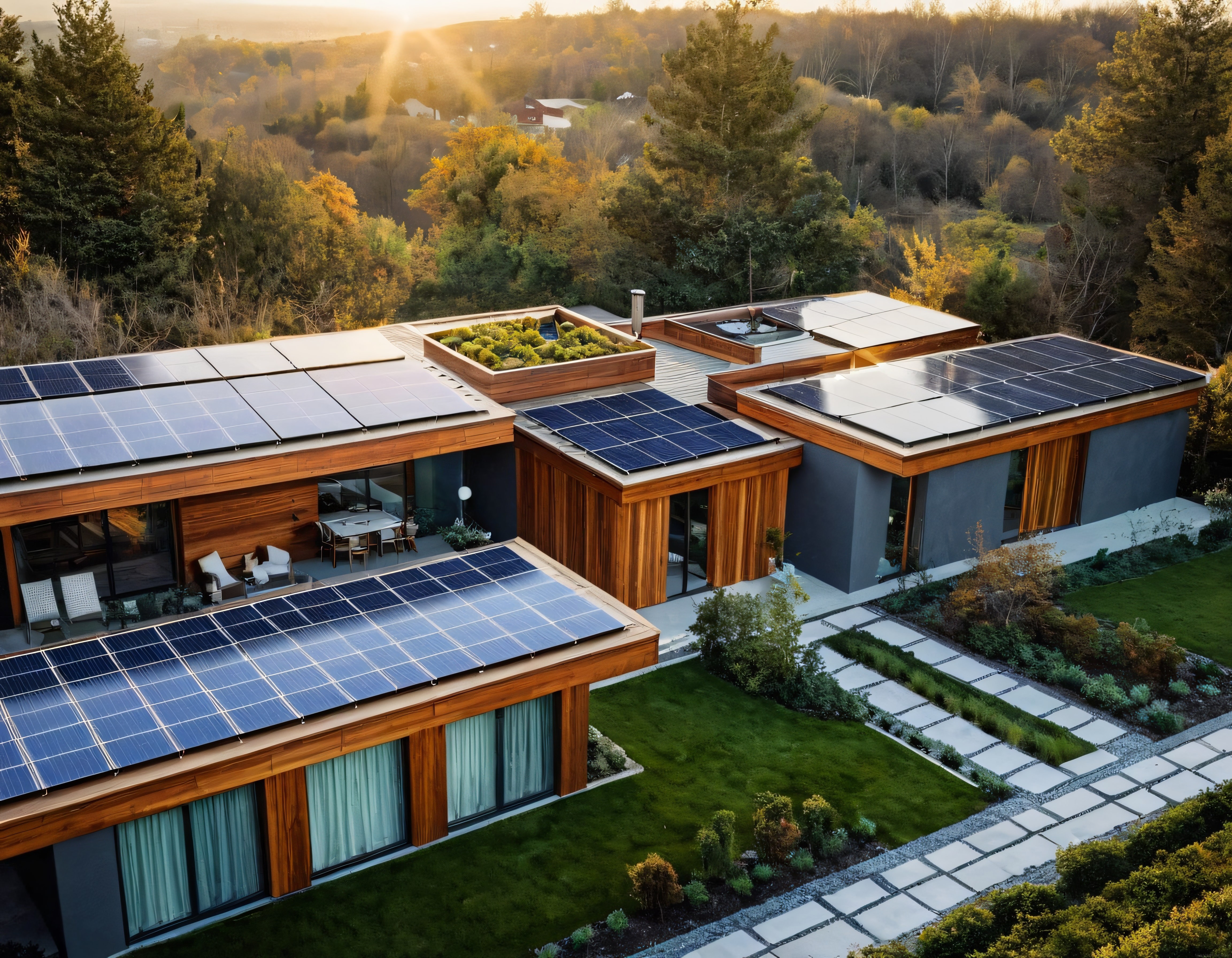 Ormanın İçinde Güneş Panelli ve Yeşil Çatılı Sürdürülebilir Modern Ev