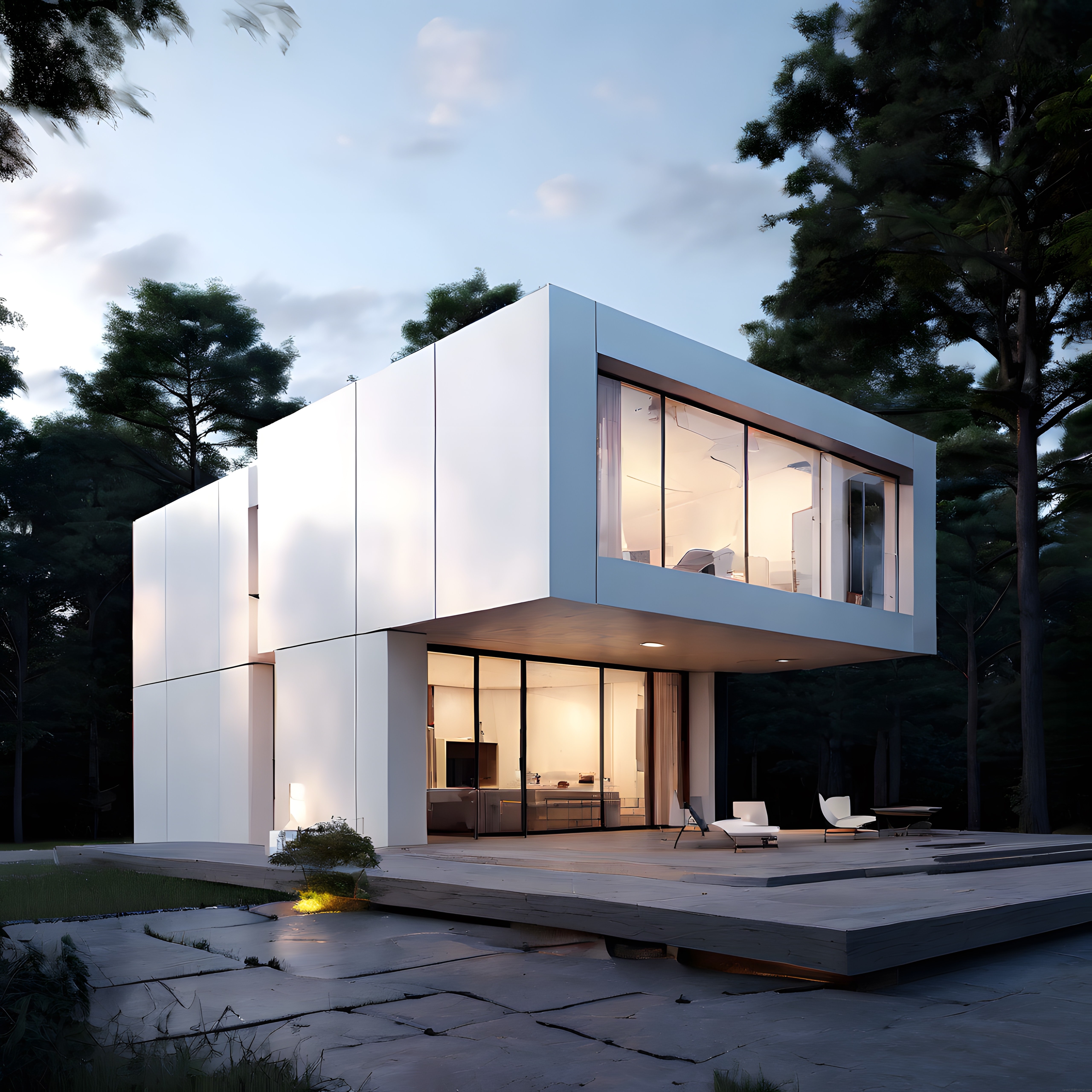Ormanın İçinde Sıcak Işığıyla Göz Kamaştıran Modern Minimalist Villa