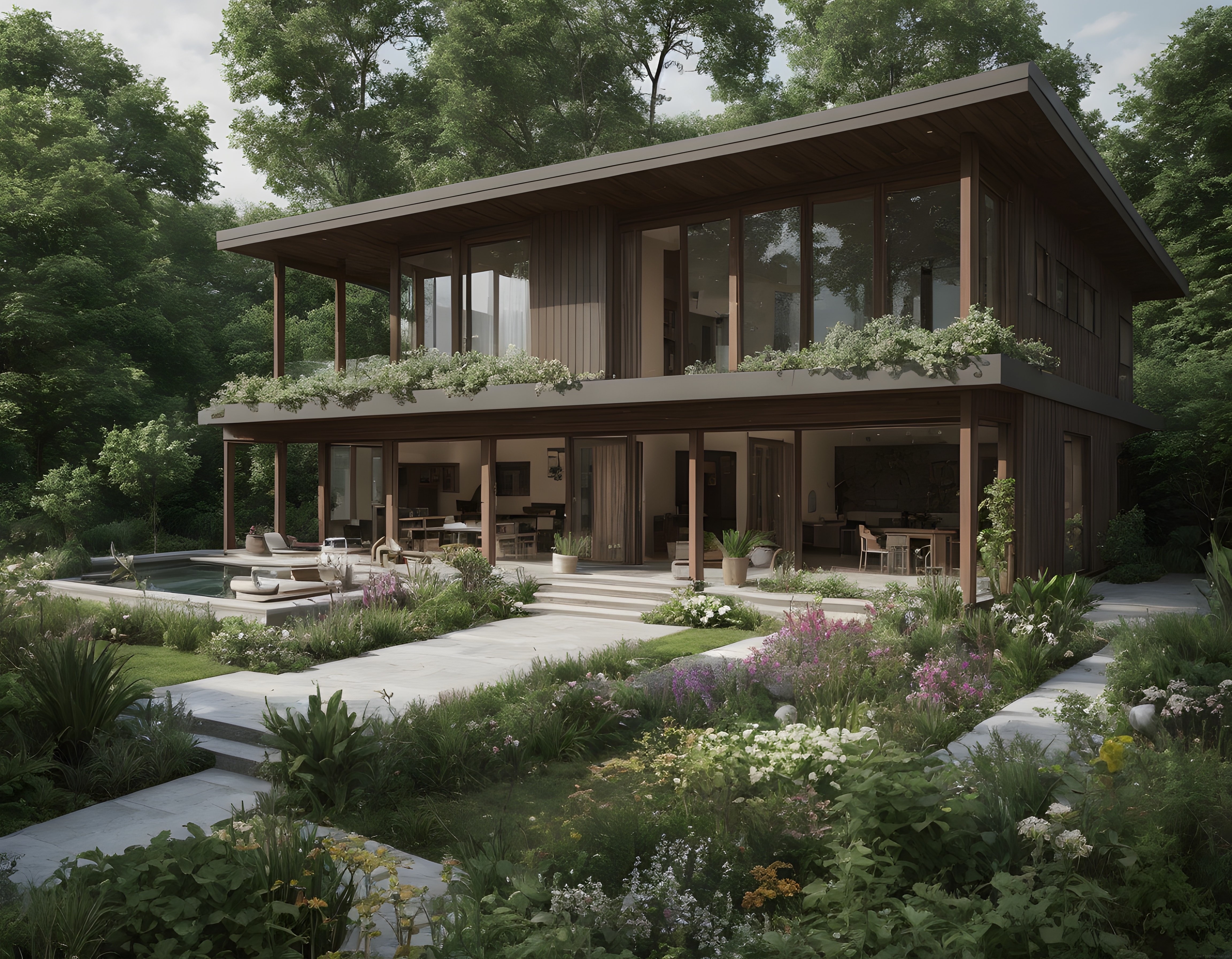 Ormanın İçinde Şık Bahçe ve Havuzlu Modern Cam Cepheli Lüks Villa
