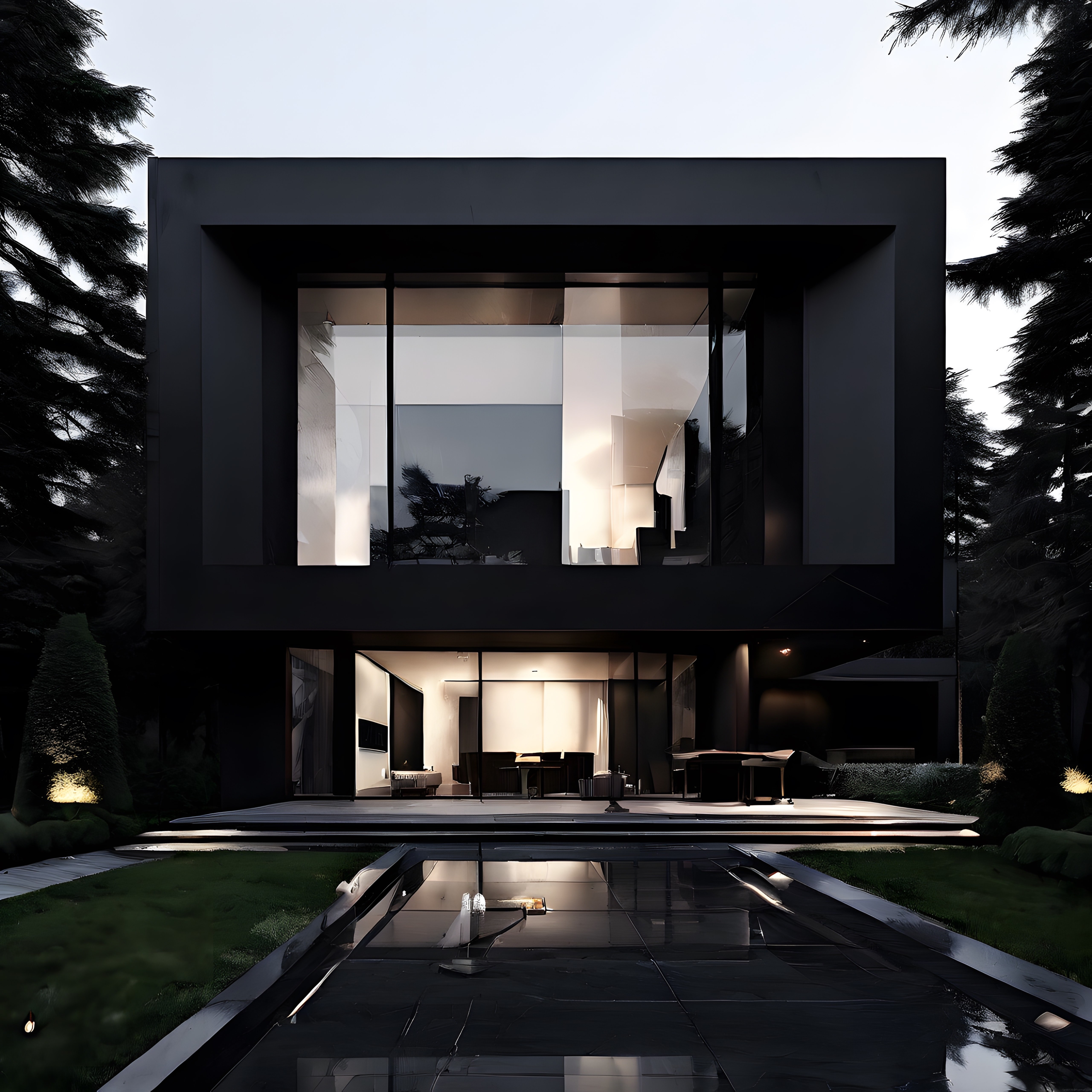 Ormanın İçinde Siyah Cepheli Modern Villa ve Gizemli Gece Işıkları