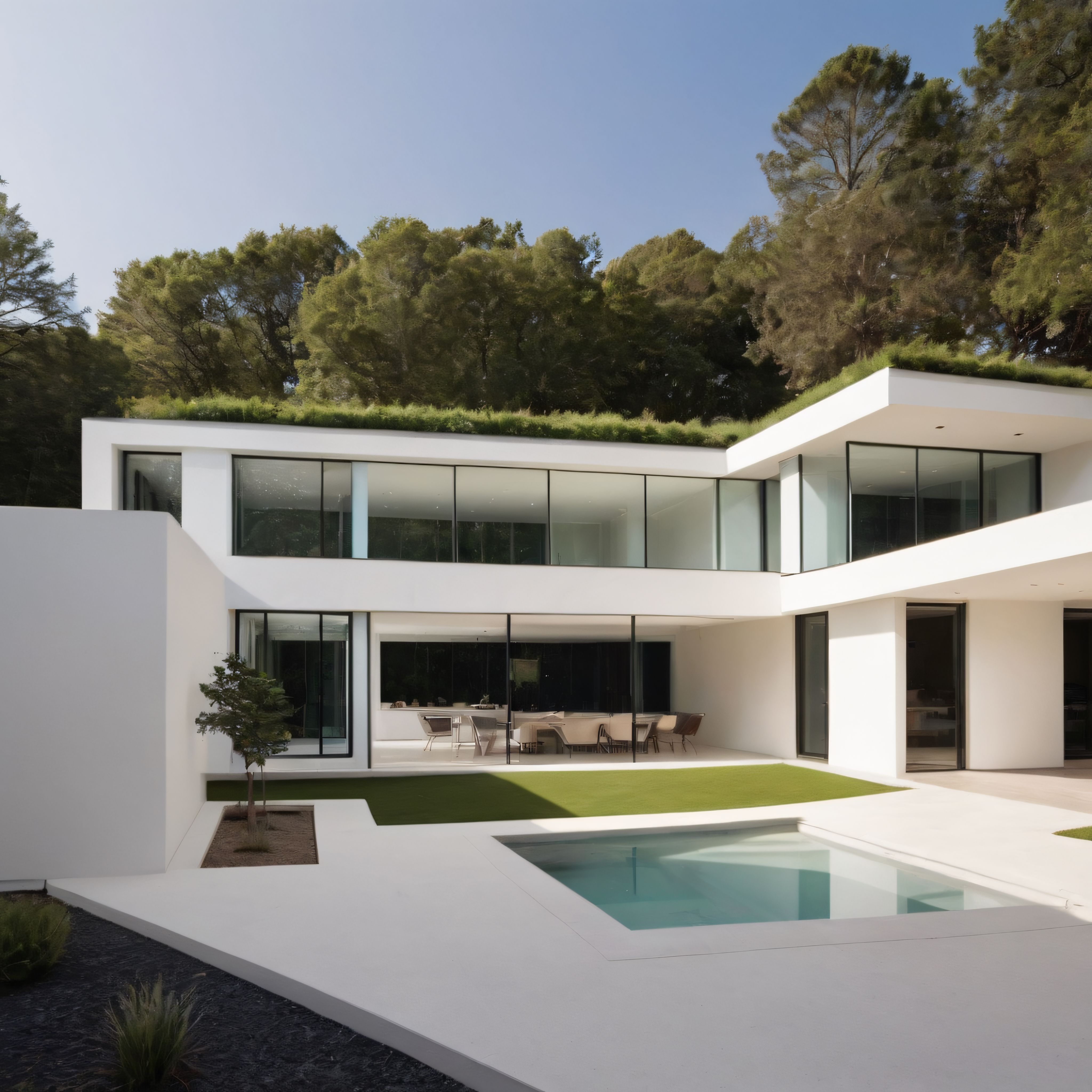 Ormanın İçinde Yeşil Çatılı ve Havuzlu Modern Bir Villa Tasarımı