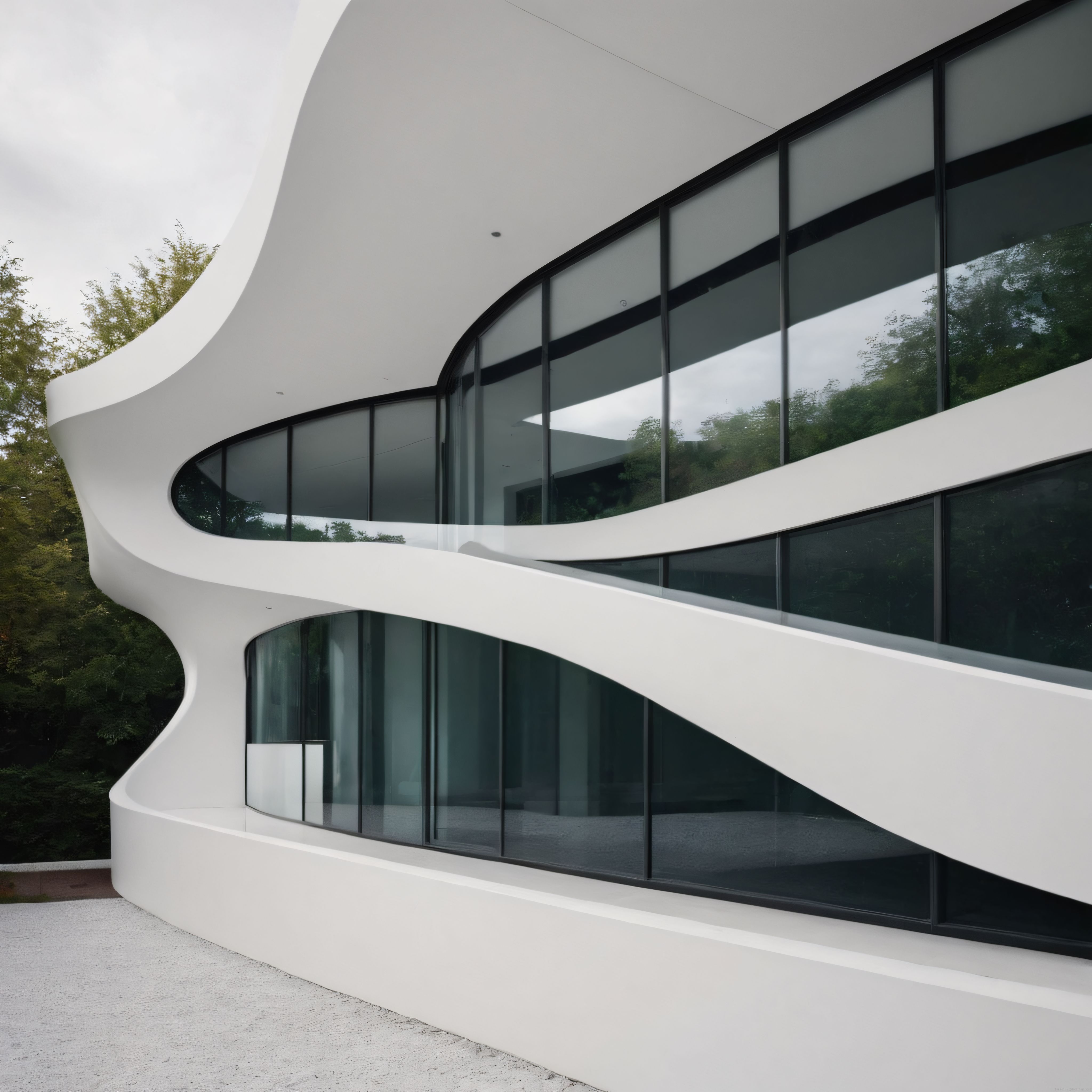 Ormanın İçindeki Akışkan Hatlı Modern Mimari Yapı ve Cam Cephe Detayı