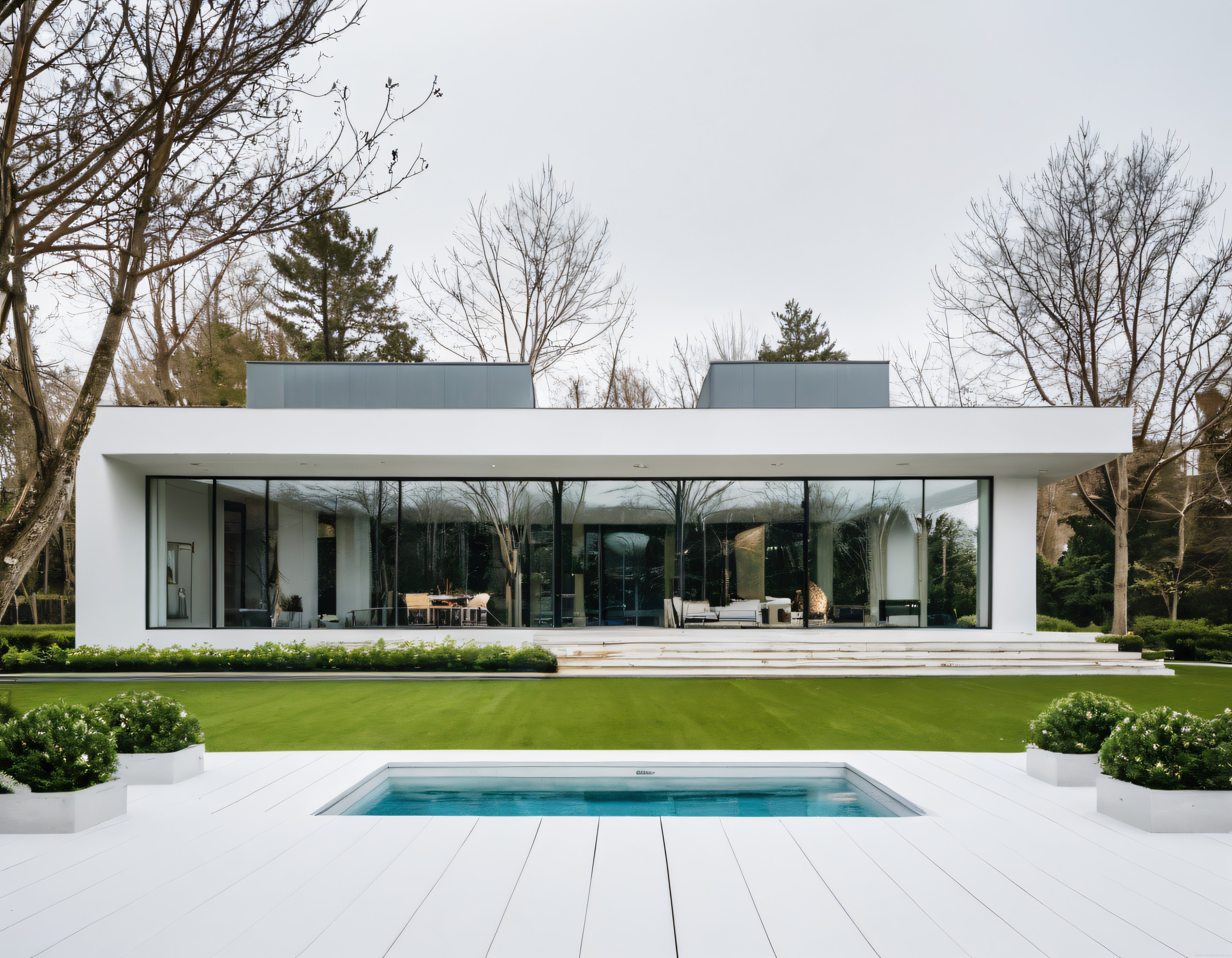 Ormanın içindeki modern minimalist villa büyük cam cephe ve havuz