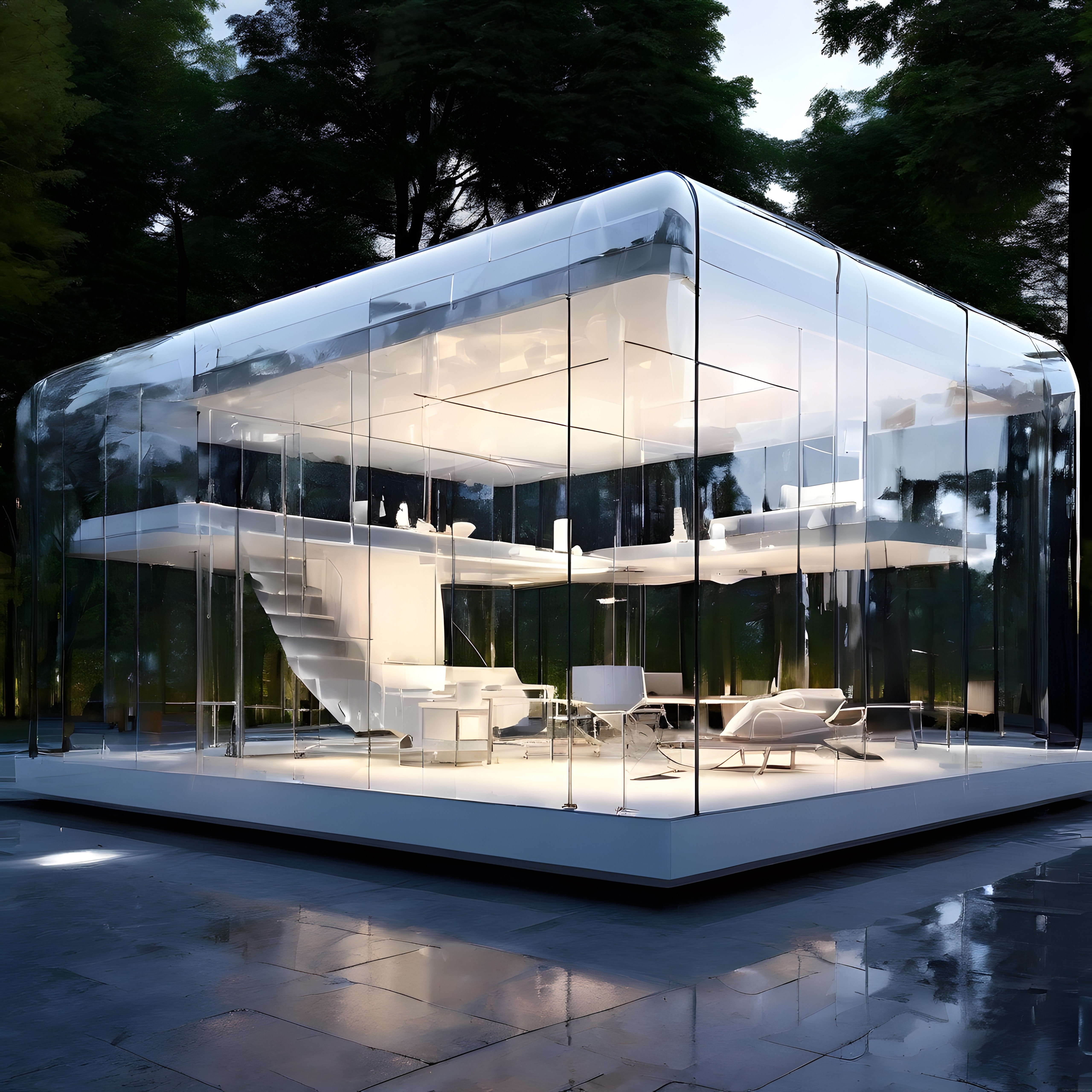 Ormanın Kalbinde Aynalı Şeffaf Cepheli Modern Minimalist Mimari Yapı